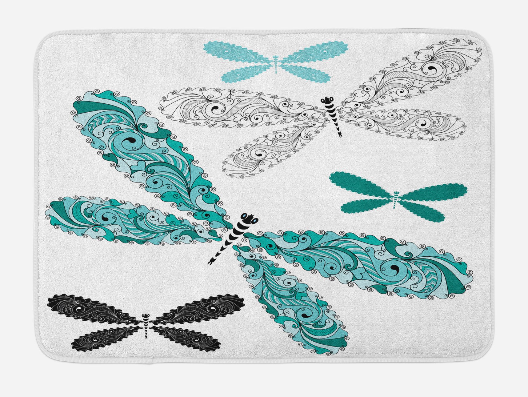 Ambesonne Dragonfly Bath Mat, Ornamental Dragonfly Figures with Lace and Damask Effects Artsy Image, Plush Bathroom Decor Mat with Non Slip Backing, 29.5 W X 17.5 W Inches, Teal Turquoise Black