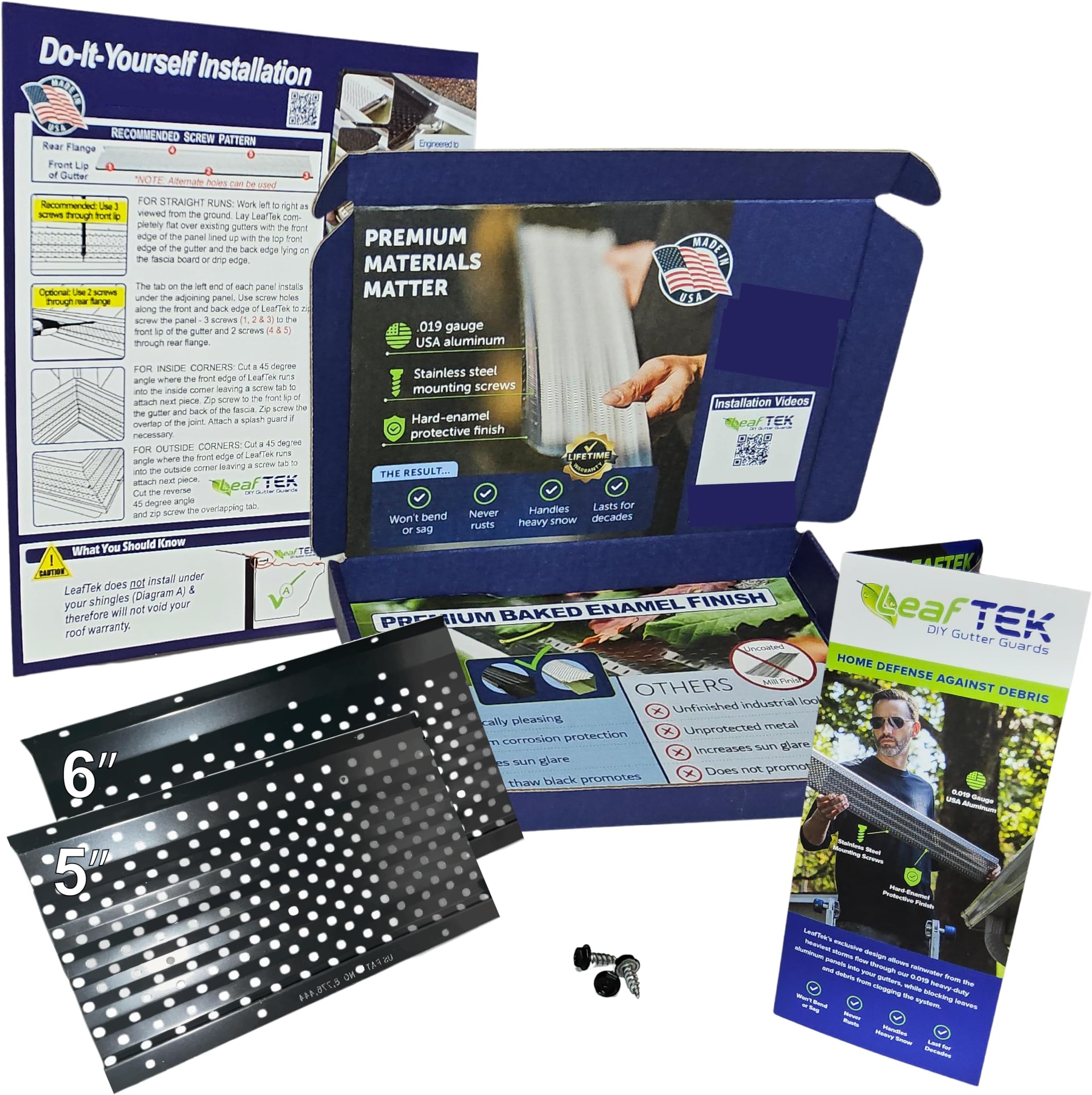 LeafTek Gutter Guard Sample Kit – Test Fit for 5” and 6” Gutters – USA‑Made Heavy Duty Black Aluminum Sections (8-Inch in Length) with Stainless Steel Screws & DIY Installation Guide