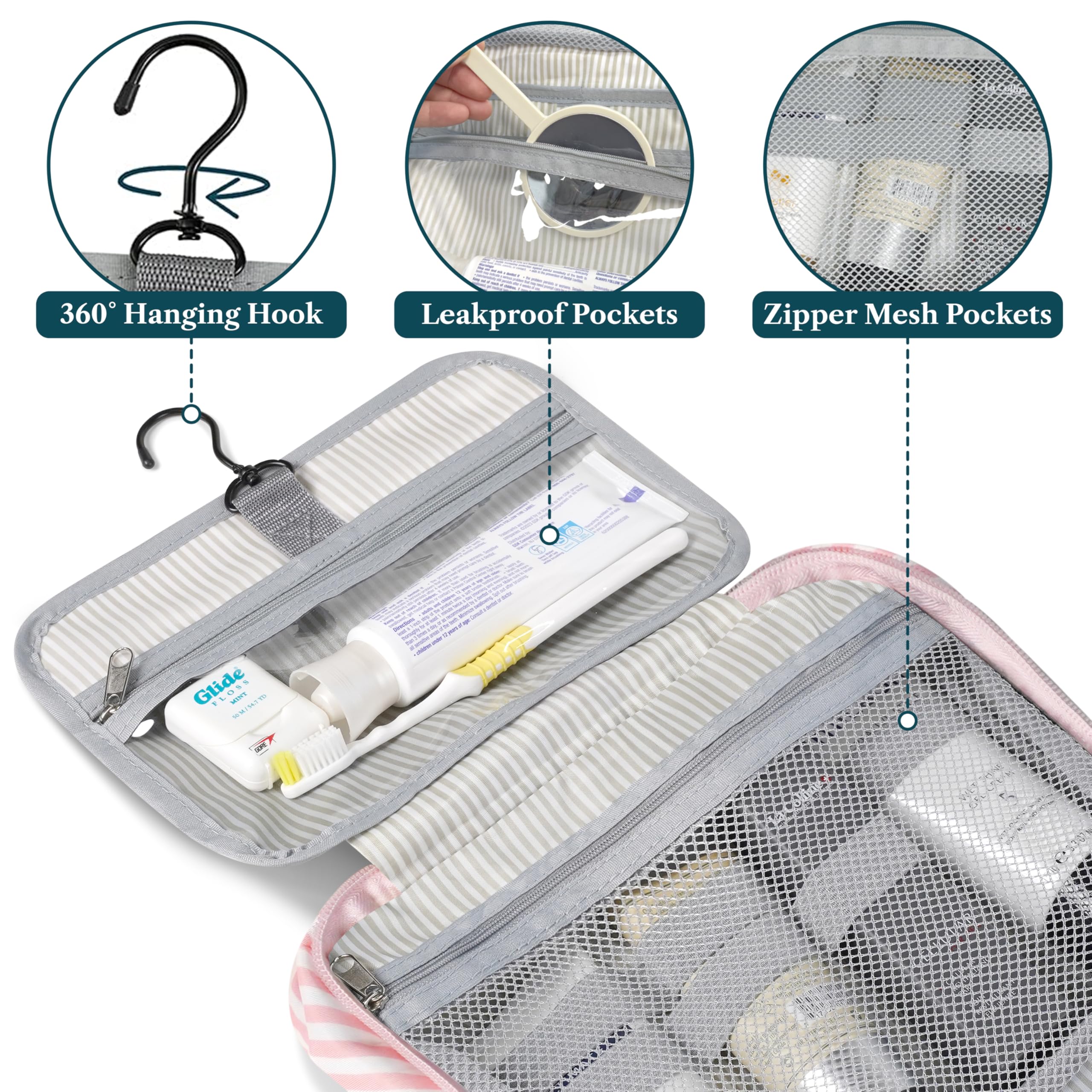 PAVILIA Neceser colgante de viaje para mujeres y hombres, organizador de cosméticos plegable, resistente al agua, accesorios de tocador, kit de artículos de tocador grande, Raya rosa, Talla única