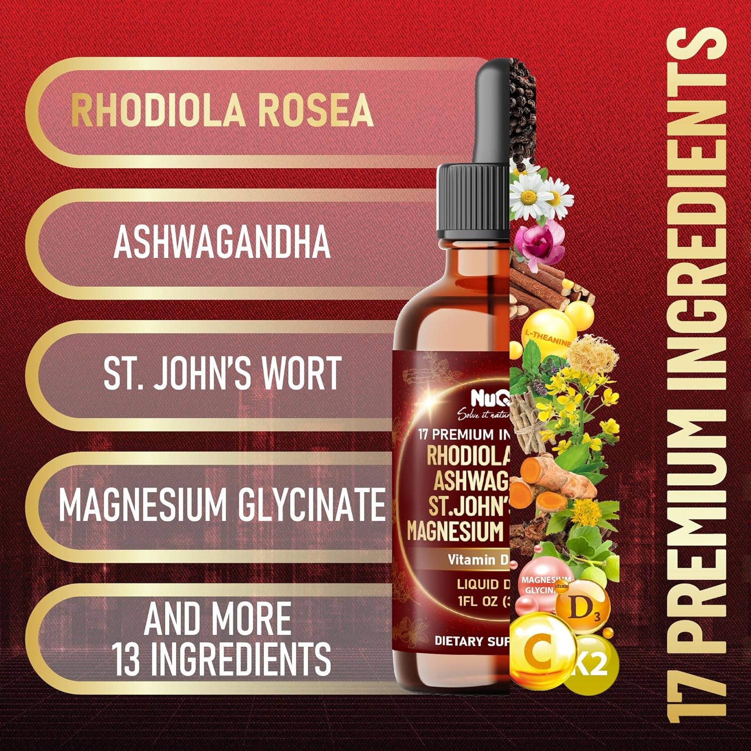 17in1 Rhodiola Rosea Liquid Drops Tincture w/Ashwagandha Magnesium, L-Theanine. Ultra Rhodiola Cortisol Supplement, Rhodiola Root for Mood, Energy - 1 FL Oz - 60 Day Supply - Image 5