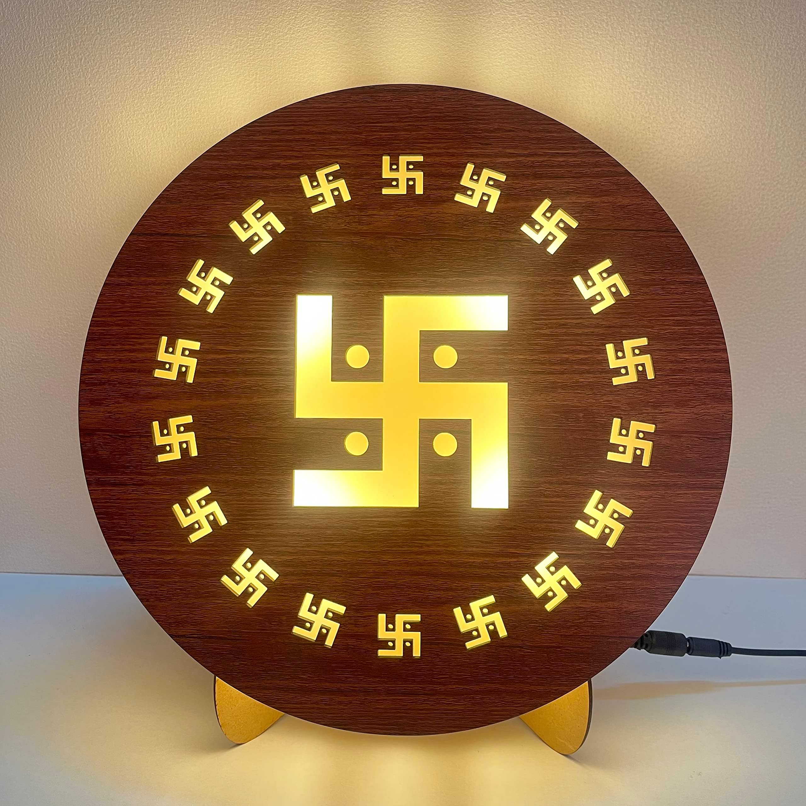 BAPUBEBE Swastik Om Sticker Wall Hanging LED Light Table Lamp for Home Decoration, Main Door Entrance, Hall, Mandir, Bedroom Wooden Size 12 * 12 Inch Piece of1 (SWASTIK Design 2)