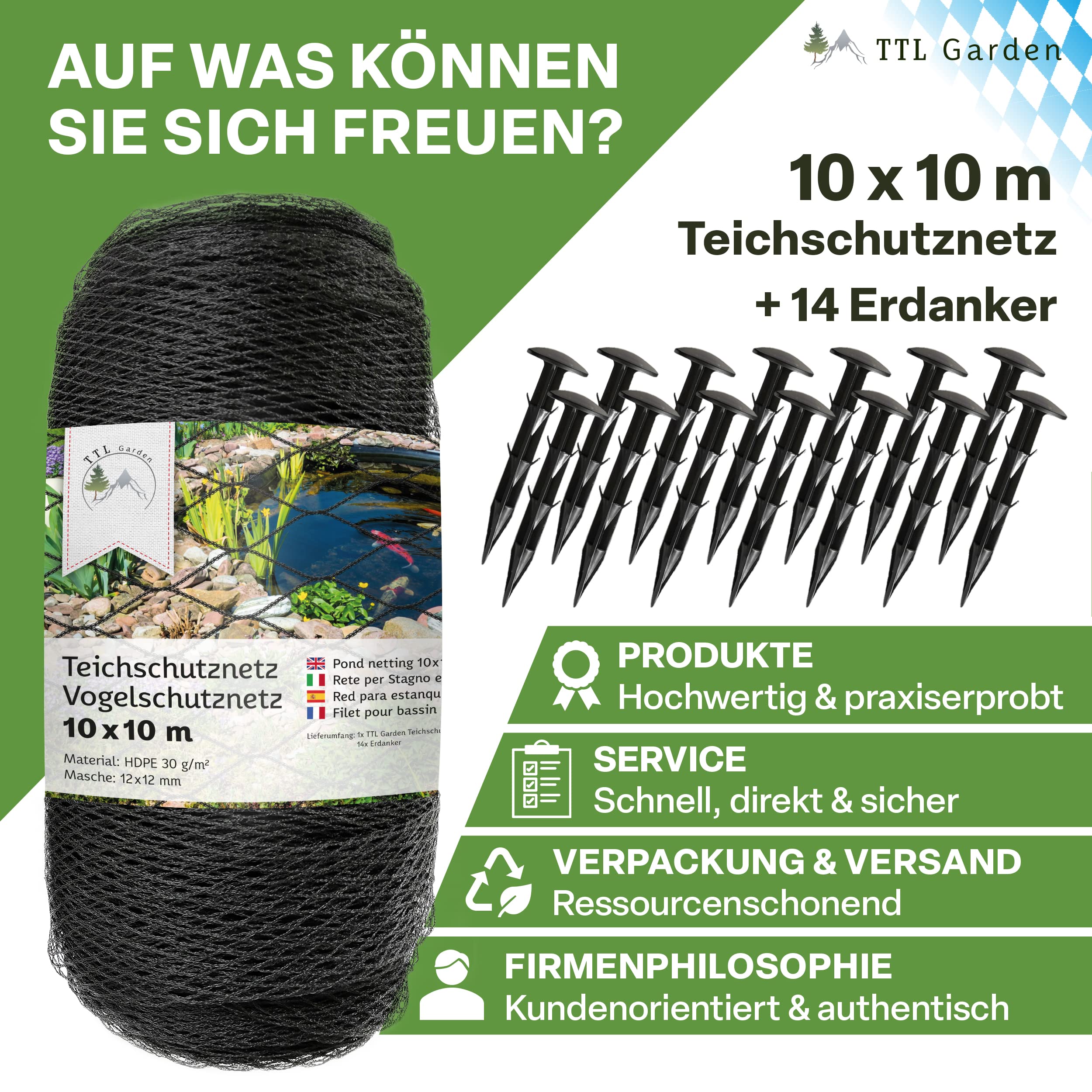 TTL GARDEN Red para estanque de 10 x 10 m, color negro, 30 g/m² – 12 x 12 mm, malla estrecha, HDPE, red para piscina o jardín, red antipájaros, resistente a la rotura, elástica, resistente, con 14