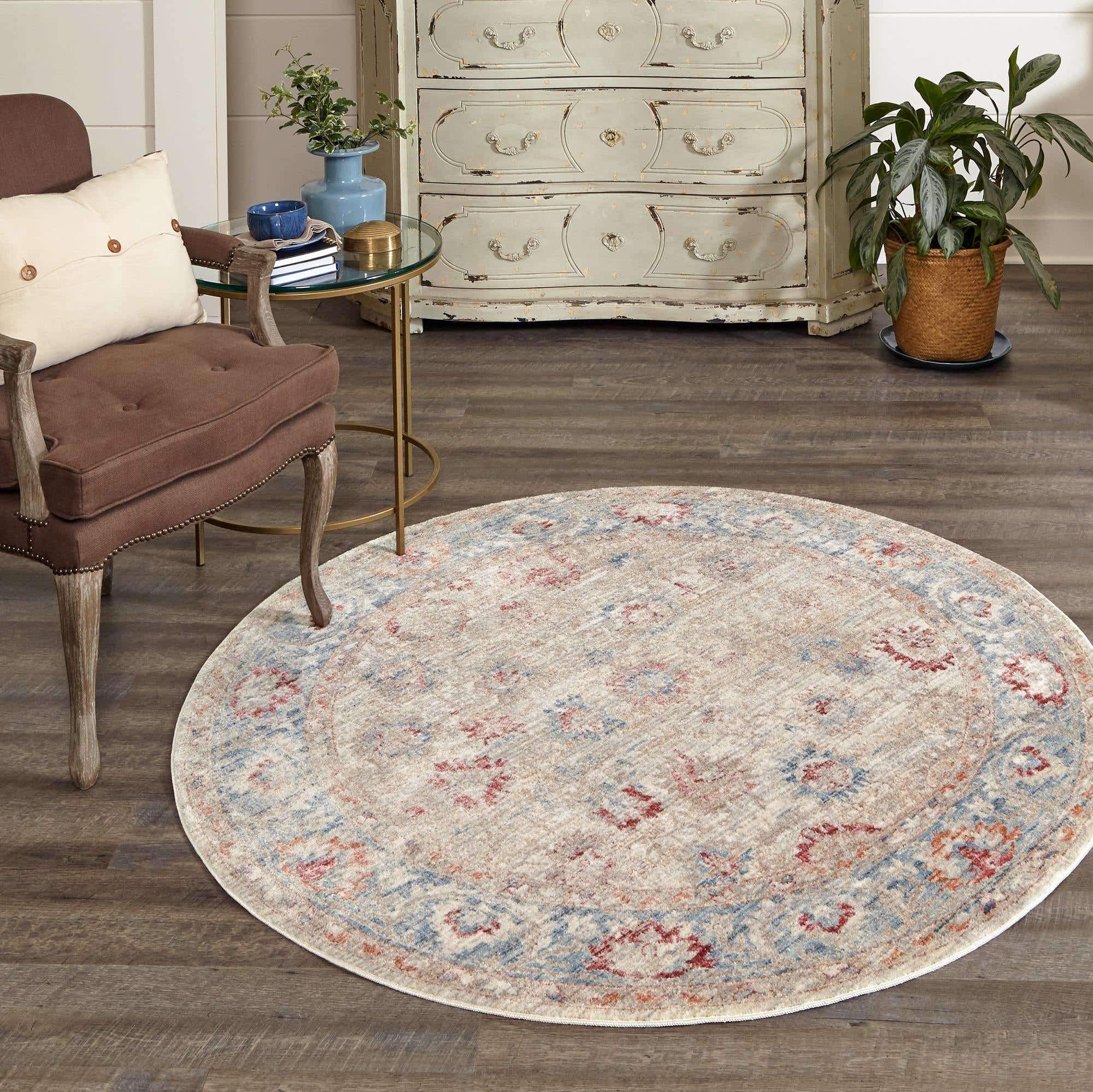 Unique Loom Noble Collection Country, Traditional, Distressed, Vintage, Botanical, Border Area Rug, 5' 1" Round, Ivory/Blue