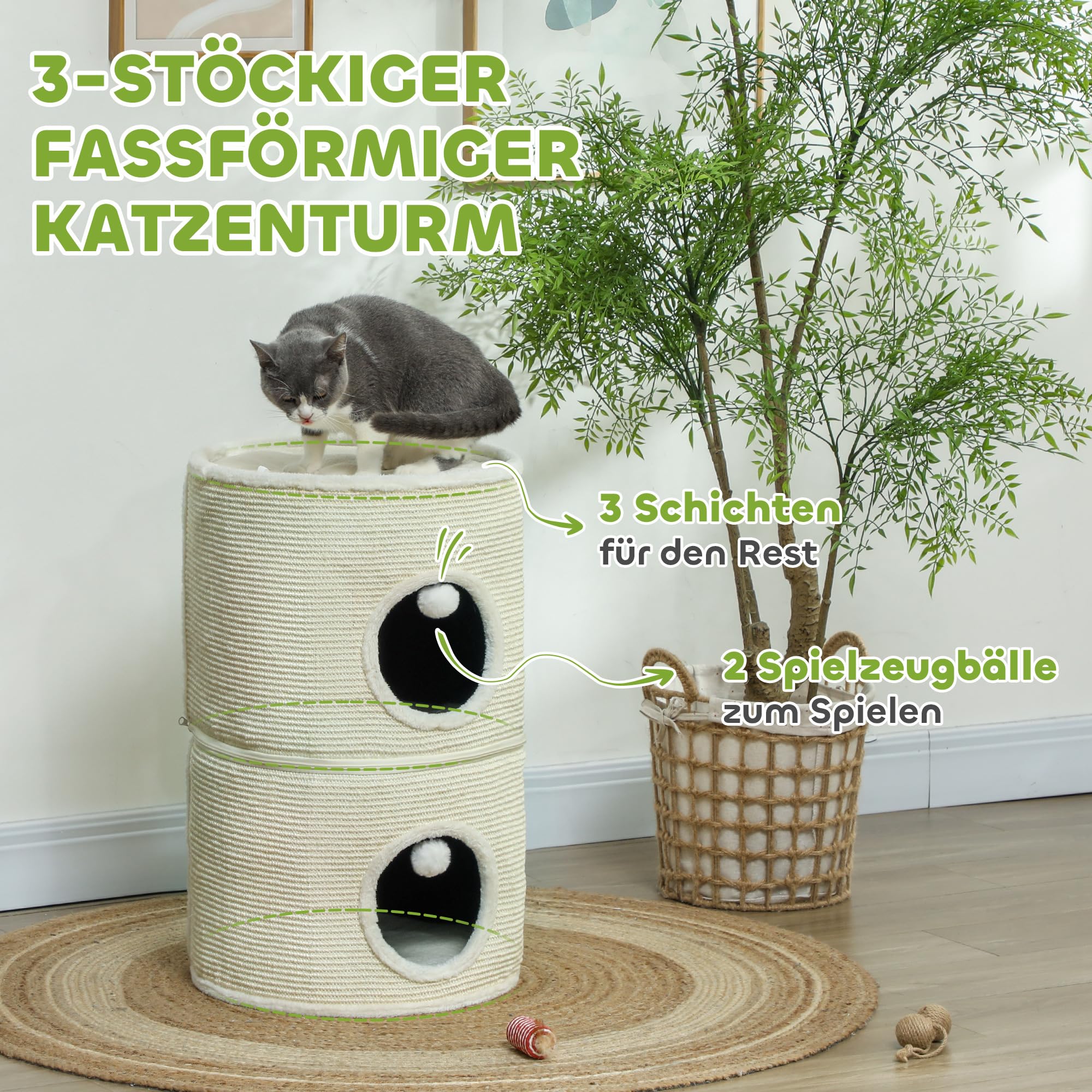 PawHut Kratztonne, 69 cm Hoch Katzentonne Teilbare Kratzbaum mit 2 Höhle, Spielball, Katzenturm, Katzenturm für Katzen bis 5 kg, Cremeweiß