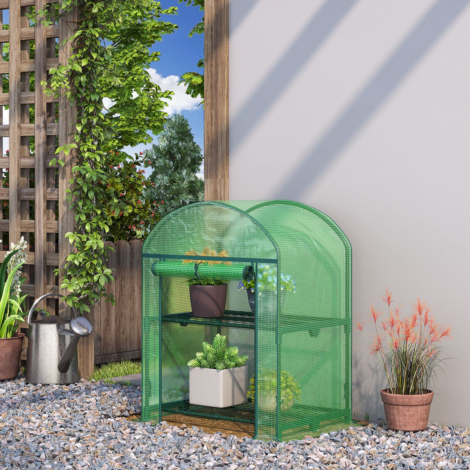 Outsunny Mini Serra da Giardino con 2 Ripiani in Metallo e Copertura in PE, Serra da Balcone e Terrazza Compatta 69x49x91cm, Verde