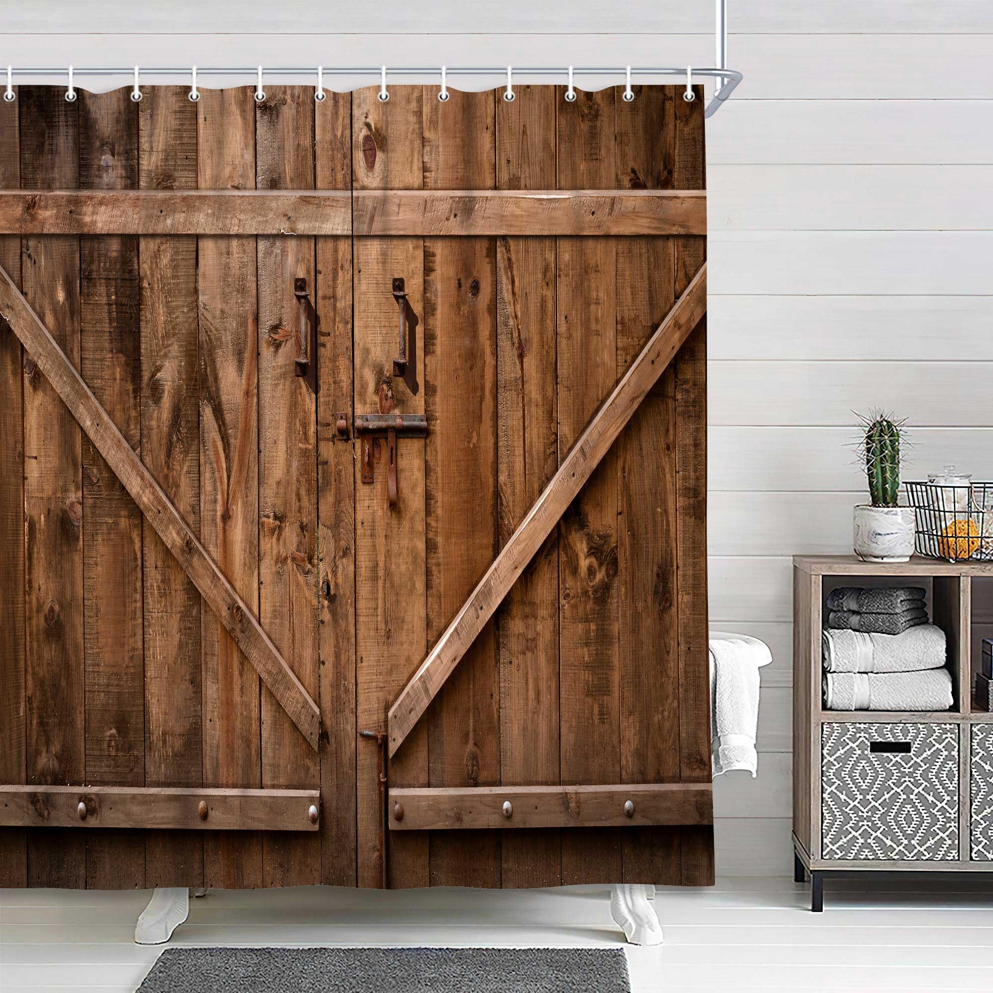 NYMB Rustic Farmhouse Barn Door Shower Curtain, Vintage Country Wood Board Western Bath Curtain, Brown Barn Garage Farm Wooden Door Bathroom