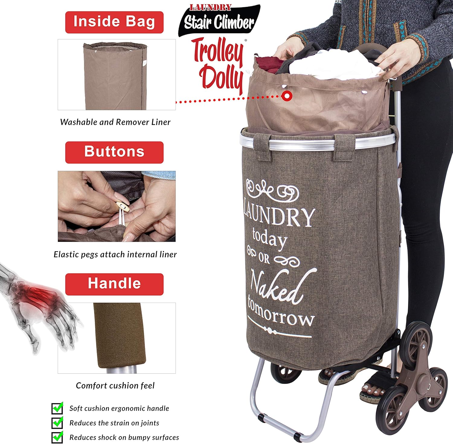 Product Deal dbest products Stair Climber Laundry Trolley Dolly, Brown Laundry Bag Hamper Basket cart with wheels sorter