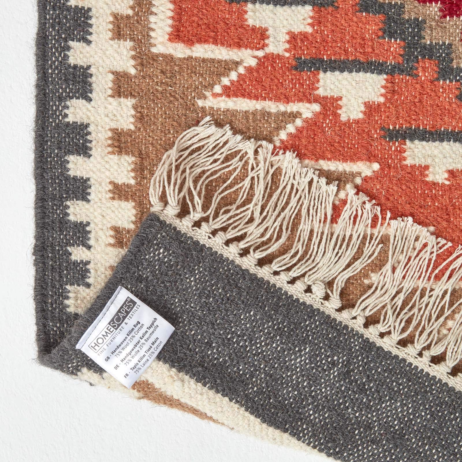 HOMESCAPES Jaipur - Tappeto kilim intrecciato a mano, marrone, arancione e grigio, per corridoio, tradizionale, in lana, con frange, 66 x 200 cm