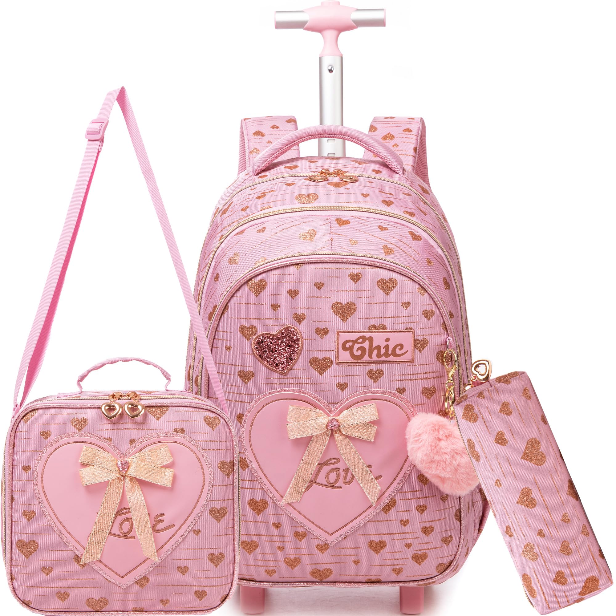 Meetbelify Kids Backpacks with Wheels for Girls Rolling Backpack with Lunch Box for Elementary Students Carry on Backpack Travel Suitcase Trip Luggage