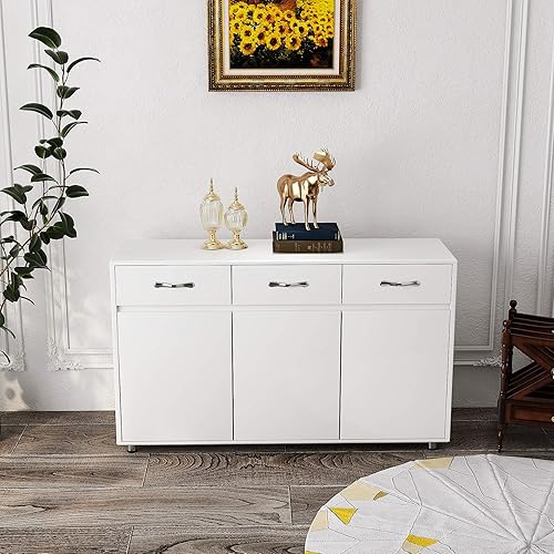 GLCHQ Storage Drawer File Cabinet nightstand Side Cabinet Entryway Console Side Tableswith Three Drawers and Three Doors for Office or Living Room Kitchen Room (Three Doors, White)