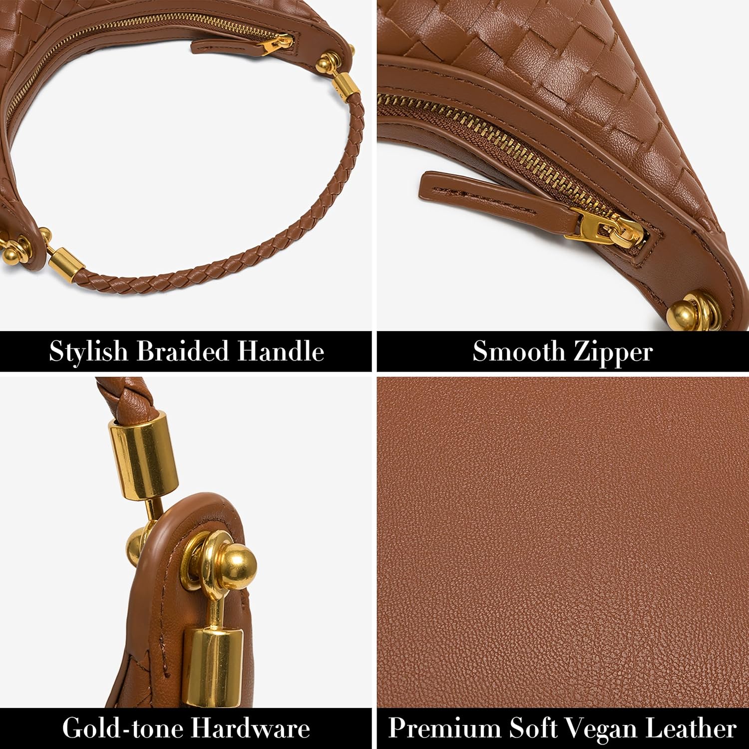 Joryin Woven Leather Crescent Shoulder Bag for Women, Saddle Purse Braided Top-Handle Handbag Under Arm Bag - Image 6