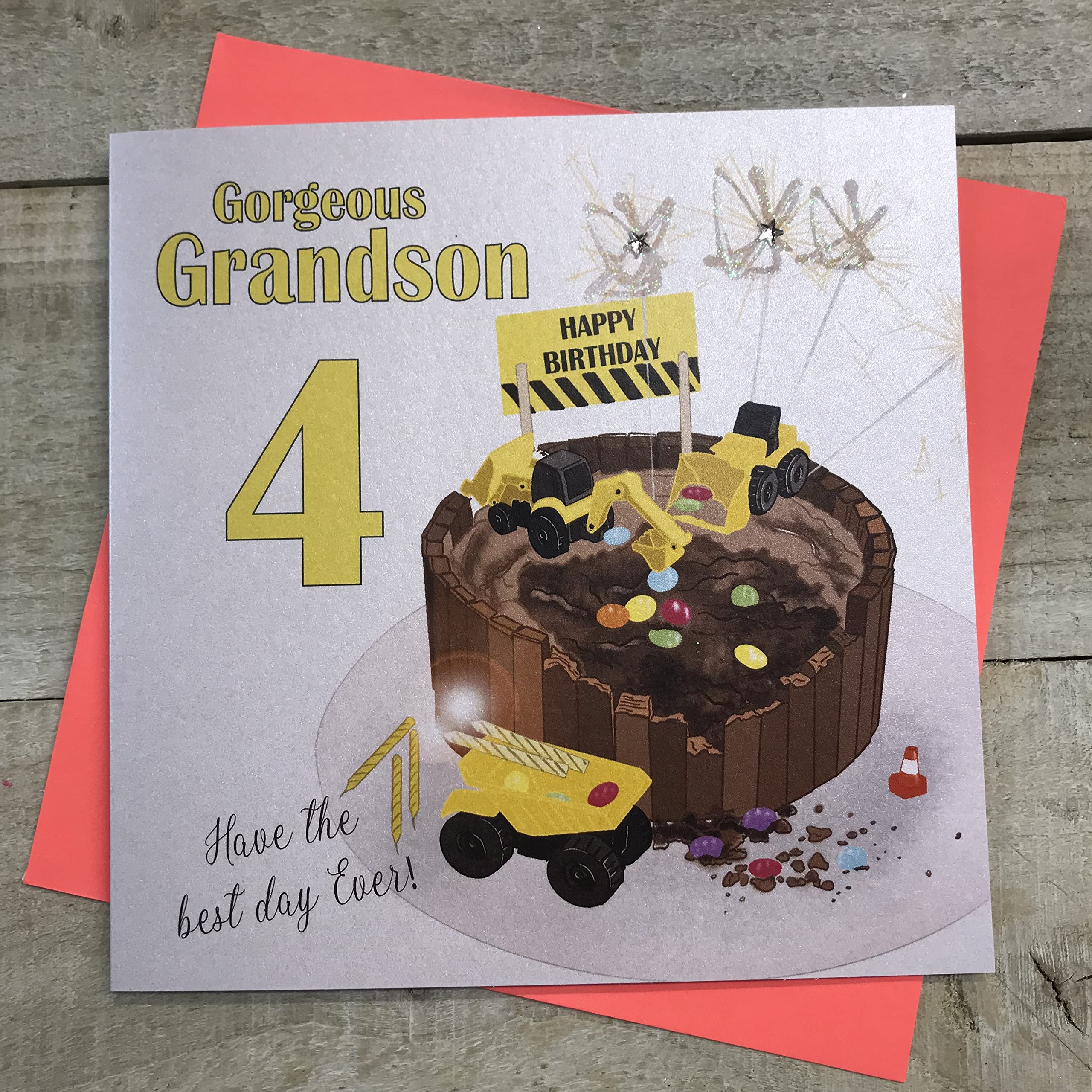 White Cotton Cards Boys Gorgeous Grandson 4 Diggers Handmade 4Th Birthday Card, Ngs4,15Cm X 15Cm
