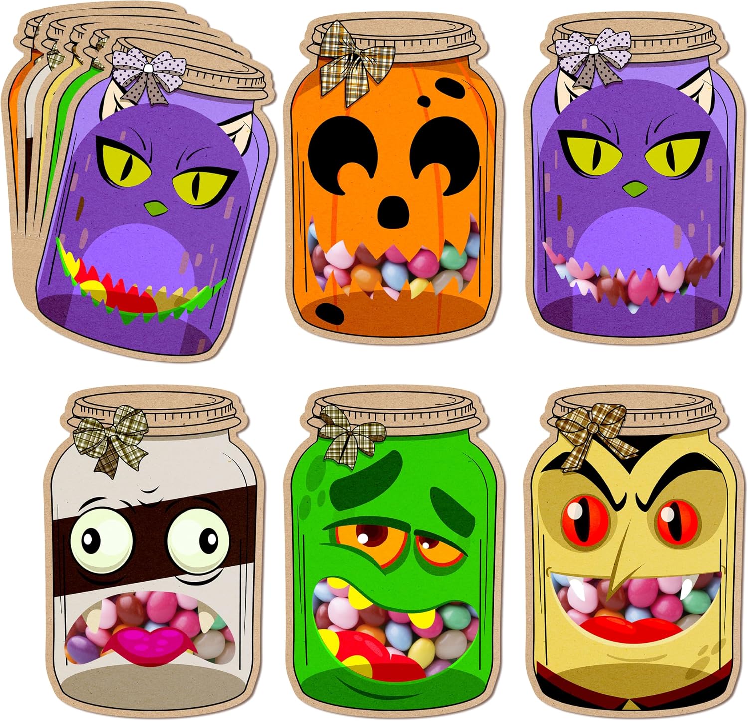 SHIEL-EVEN 50 Pack Halloween Mason Jar Candy Cards - Trick or Treat Bags, Halloween DIY Candy Cards with Clear Bags for Kids Classroom, Holiday Gifts for Kid School