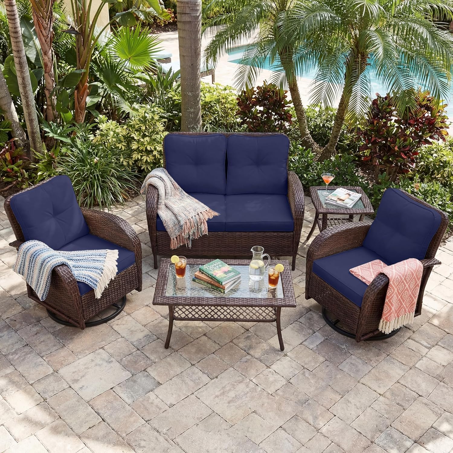 UPHA 5 Pieces Patio Furniture Set, High Back Wicker Outdoor Loveseat Sofa Set with Swivel Chairs, All-Weather Patio Conversation Set for Deck Backyard Porch, 4 Seats, Navy Blue