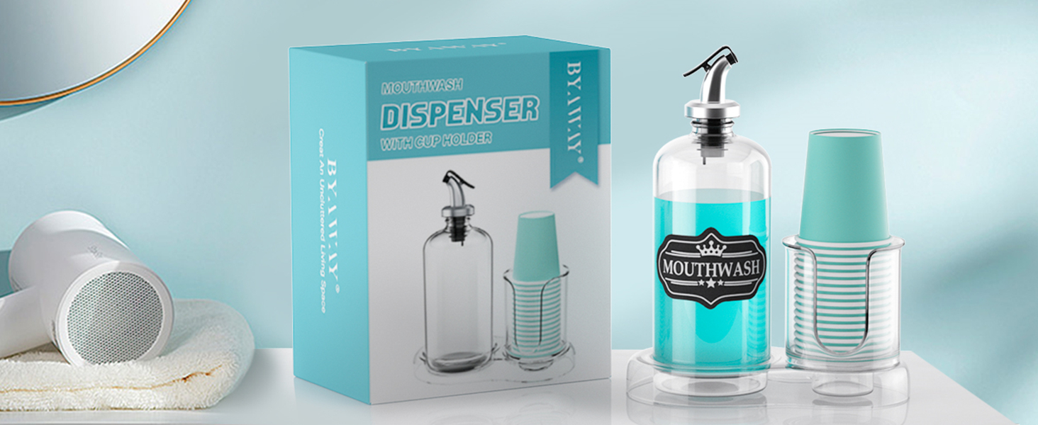 EBun Glass Mouthwash Dispenser – 37oz BPA-Free Pump, 10ml Per Pump, Includes 2 Reusable Cups & Funnel, Easy-Clean Black Finish For Guest Bathrooms