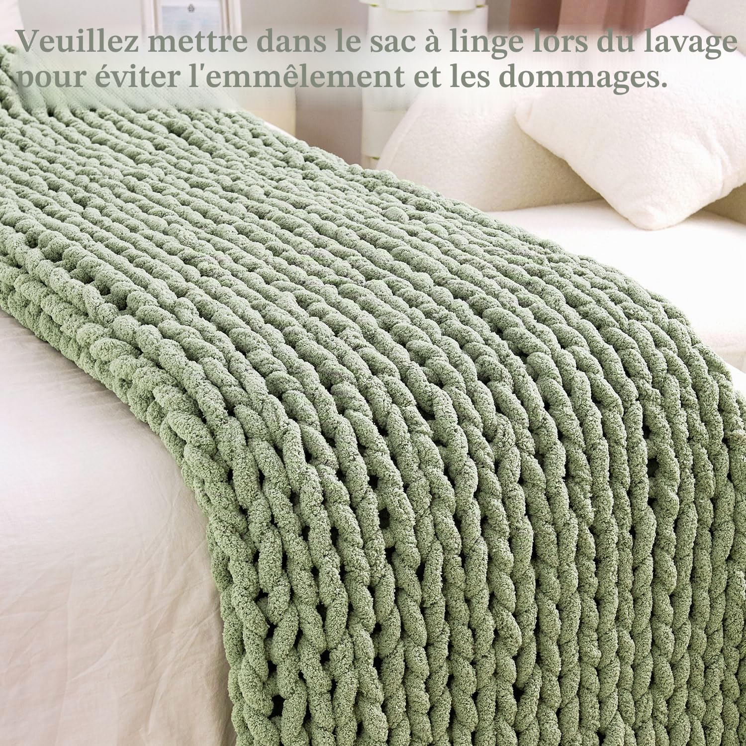 Admitrack Couverture en Tricot épais, 100% Chenille tricotée à la Main pour canapé et décoration d'intérieur, Douce et Confortable, Vert Sauge, 129,5 x 160 cm