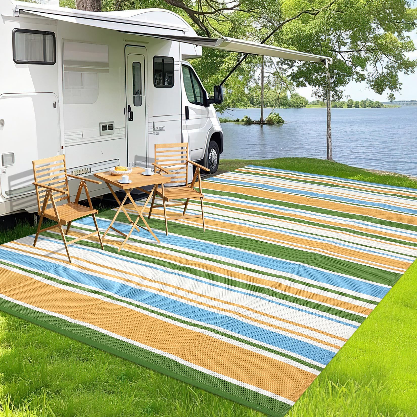 Garvee Tappeto Da Esterno in PP Intrecciato 320 Gsm - Reversibile, Impermeabile, Pieghevole e Leggero, Grande Tappeto Per Patio/Deck/Balcone/RV/Campeggio, Giallo/Blu/Verde/Bianco