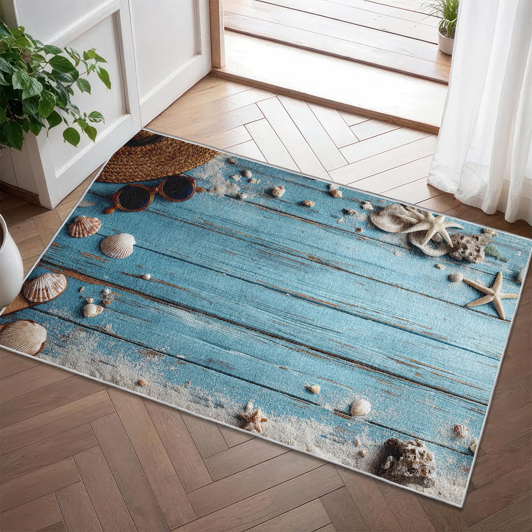 Grain de Bois Sarcelle Paillasson Interieur 60x90 cm, Tapis d'entrée Étoile De Mer Lavable en Machine, Côtier Plage Tapis de Porte Antidérapant à Poils Ras pour Couloir, Cuisine, Salle de Bain, 1J19t