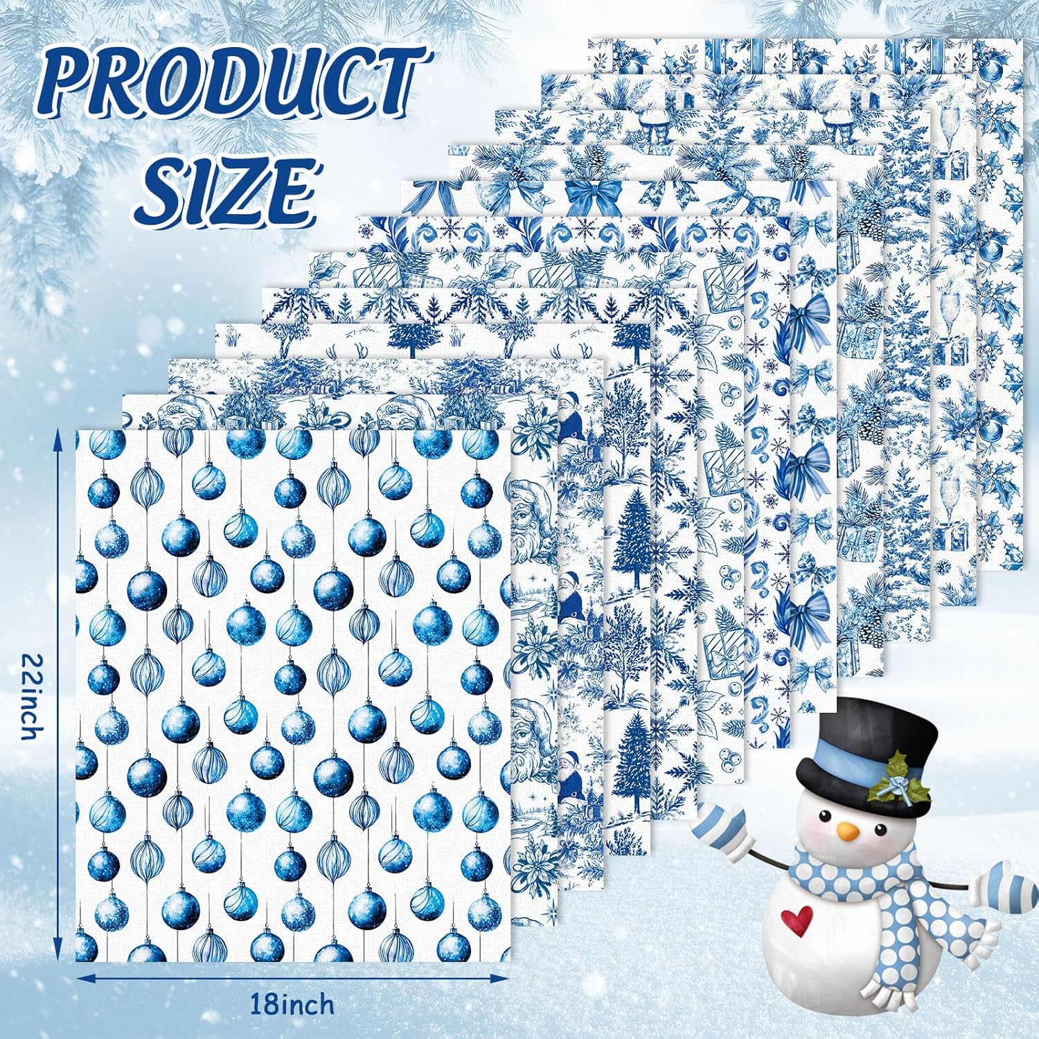 FYSUIMU 12Pcs Christmas Cotton Fabric Bundles Fat Quarters Watercolor Chinoiserie Blue Snowflake Santa Poinsettia Bow Quilting Patchwork for Xmas Winter DIY Craft, 18 x 22 Inch