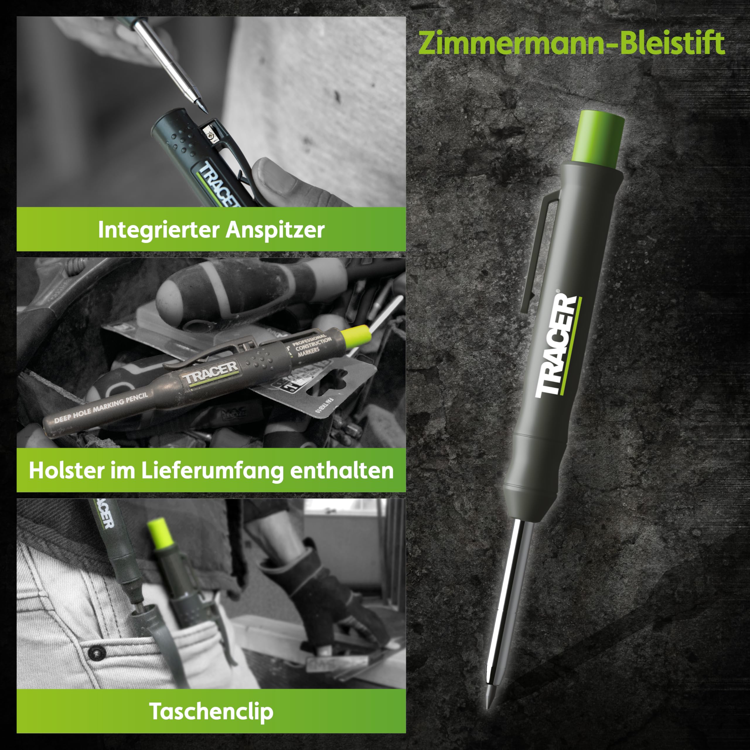 Tracer Markierungsset – Tiefloch-Baubleistift, 6 Ersatzminen & 2 verstopfungsfreie Konstruktionsmarker mit Holster