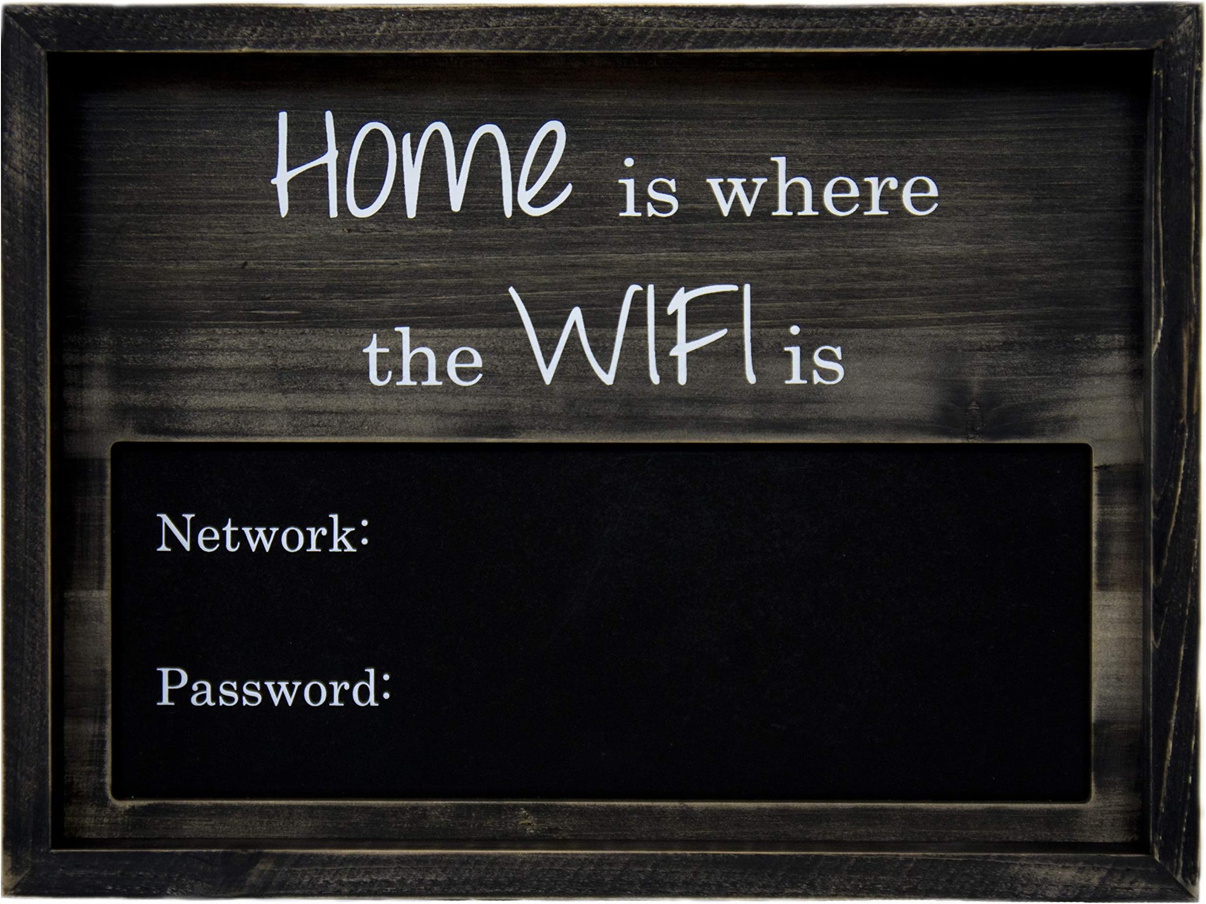 | WIFI Chalkboard, Large | Rustic Wood 12" x 16” Sign | Home is where The WIFI is | Network/Password | Stained Natural Wood with Chalkboard Surface. 3D wall art. Chalk included.