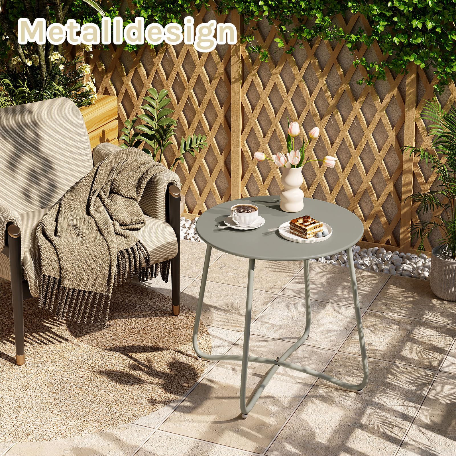 eSituro Beistelltisch rund, Balkontisch Gartentisch, Kaffeetisch Couchtisch Sofatisch Wohnzimmertisch, Kleiner Tisch für Wohnzimmer Balkon Terrasse Garten, aus Metall, φ45xH45 cm, Grau