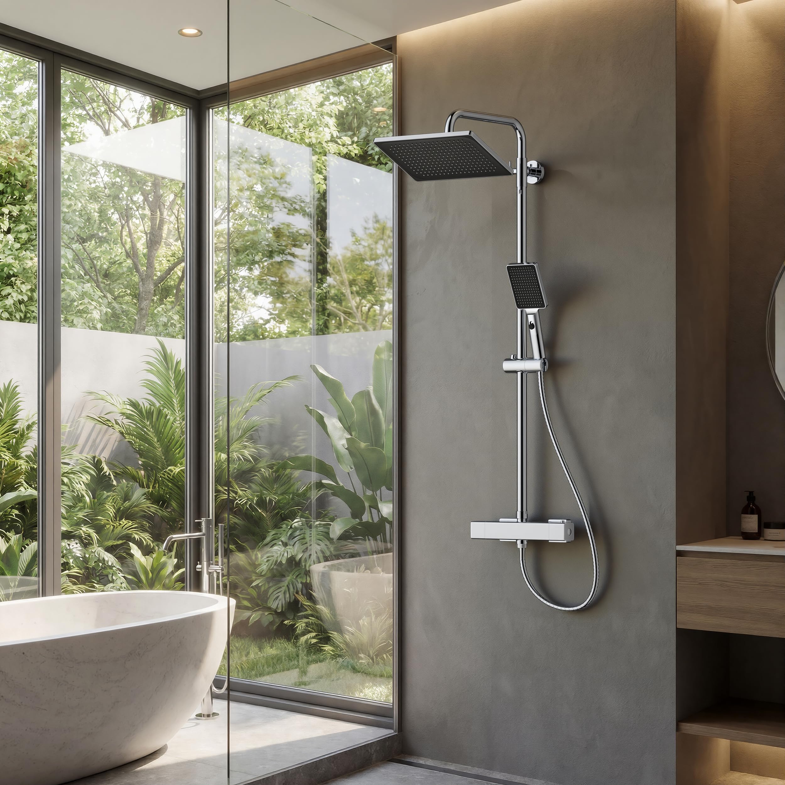 FORIOUS Columna De Ducha Termostática Con Rociador 30 × 20 Cm, Sistema De Ducha 3-En-1 Con Barra Ajustable Y Ducha De Mano Para Mayor Confort