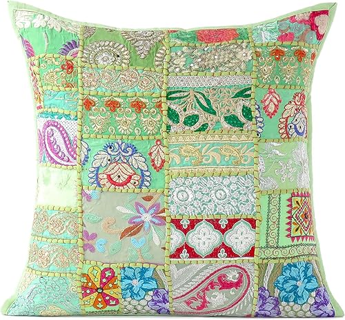 Mam Treasures - Funda de cojín india decorativa de retazos bohemios, colorida funda de cojín bohemia para sofá, sillón, decoración hecha a mano para