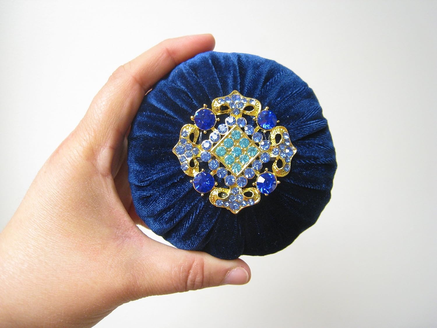 Nakpunar 4" Navy Blue Velvet Emery Sewing Pincushion with Decoration – 1 lb Needle Organizer – Handmade in USA