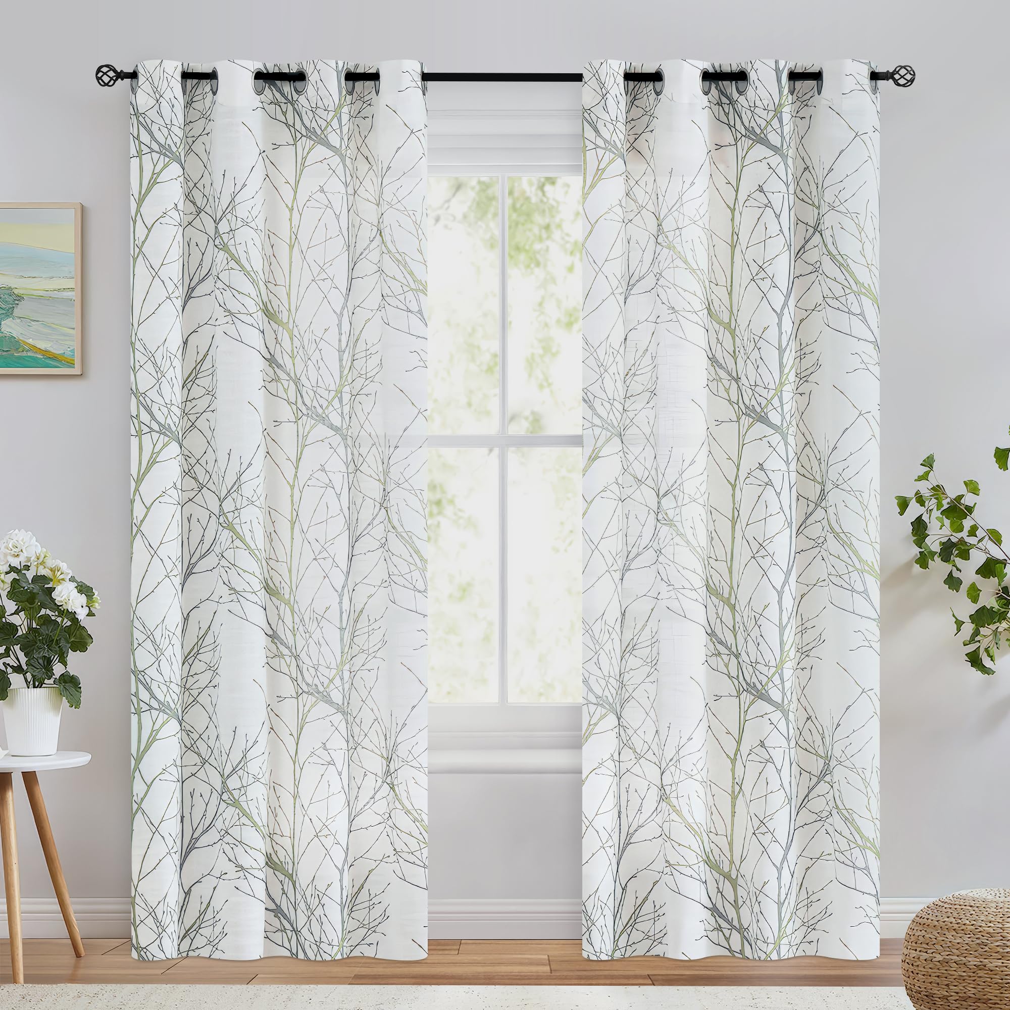 Fmfunctex Green White Semi-Sheer Curtains 96-inches Long Modern Green and Grey Tree Branches Printing on Linen Textured White Window Treatment Panels for Living Room Bedroom Kitchen Draperies 1 Pair - Image 2