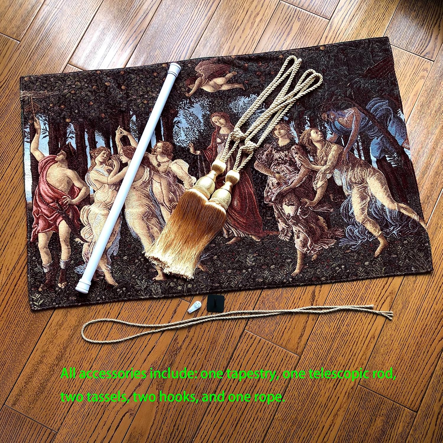 AureoMadis Primavera by Botticelli Tapestry Wall Hanging Set, 42"x27" Renaissance Medieval Vintage Victorian Woven Tapestries with Rod, Tassels & Hooks (Green：Botticelli's 'The Spring' Inspired Timeless Color Symphony)