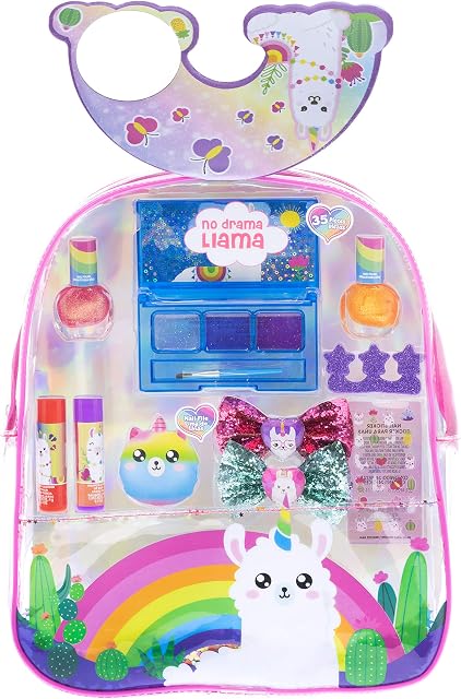 Townley Girl No Drama Llama Makeup Filled backpack Set with 10 Pieces, Including Lip Gloss, Lip Balm, Nail Polish, Nail Stickers, Hair Bows, Flip Up Mirror and More, Ages 3+