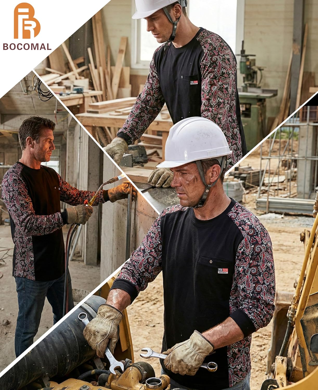 BOCOMAL FR Shirts Crewneck 5.5oz Lightweight Cotton Paisley Two-Tone Flame Resistant Long Sleeve CAT2 Work Shirt - Image 2