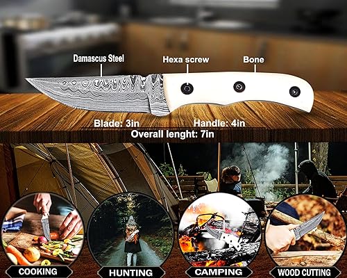 Miniatura 6 de Cuchillo de caza de acero de Damasco forjado a mano de 7 pulgadas, mango de hueso de camello majestuoso, hoja fija inflexible de 3 pulgadas,