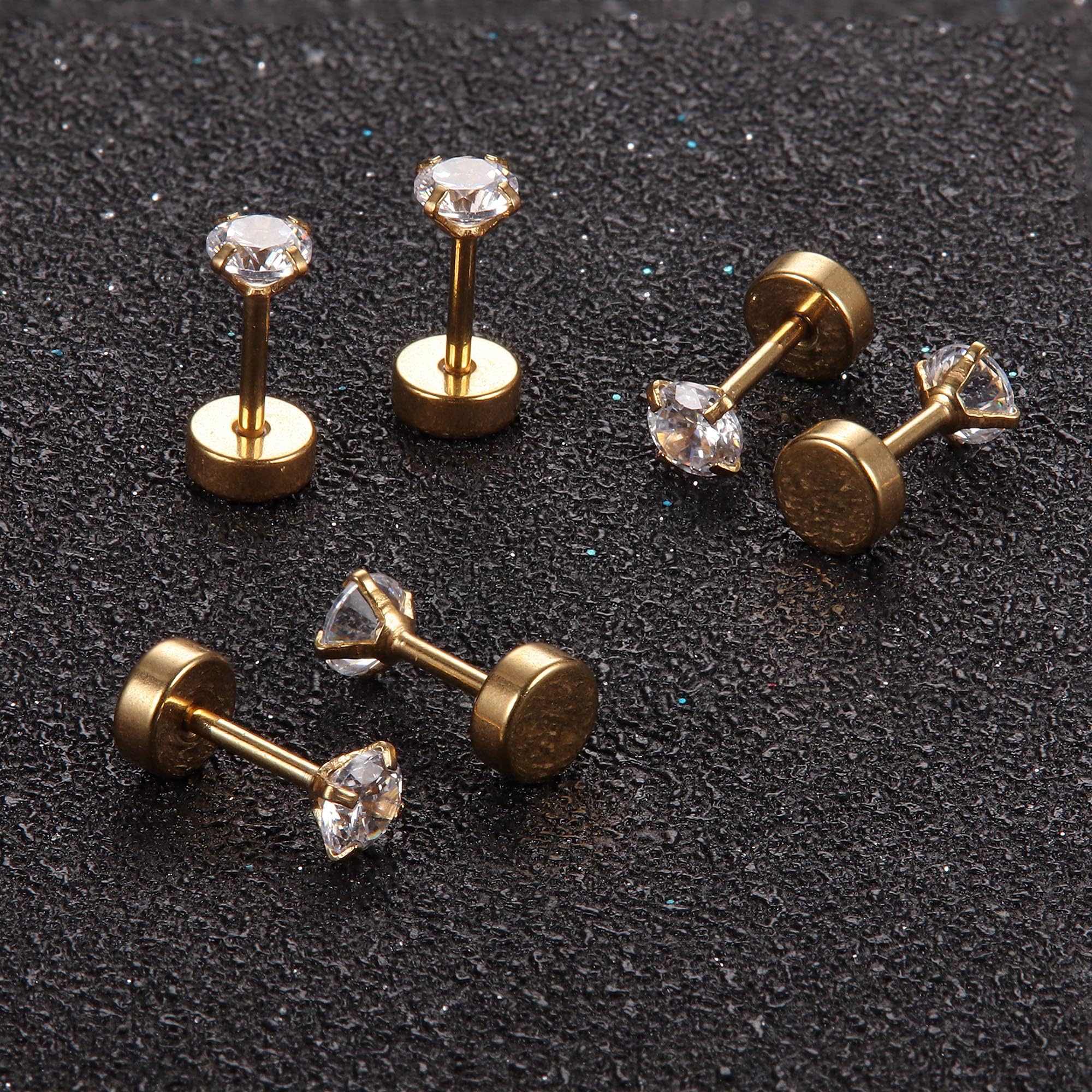 Dochais Kolczyki ze stali nierdzewnej dla mężczyzn i kobiet, 10 par, 20 g, złote/czarne, 2 mm/3 mm/4 mm, z cyrkonią, hipoalergiczne kolczyki typu flatback