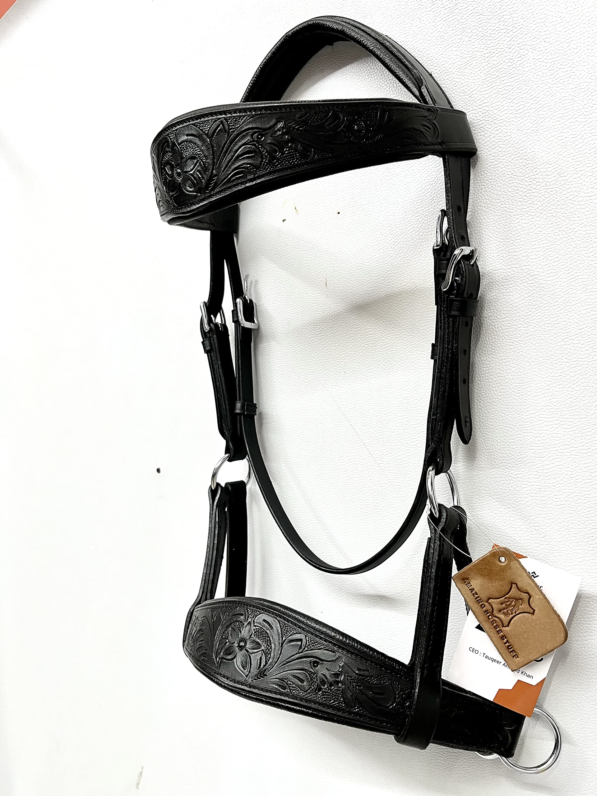 Sidepull Trensenzaum ohne Gebiss Designer-Handschnitzerei Schwarz oval