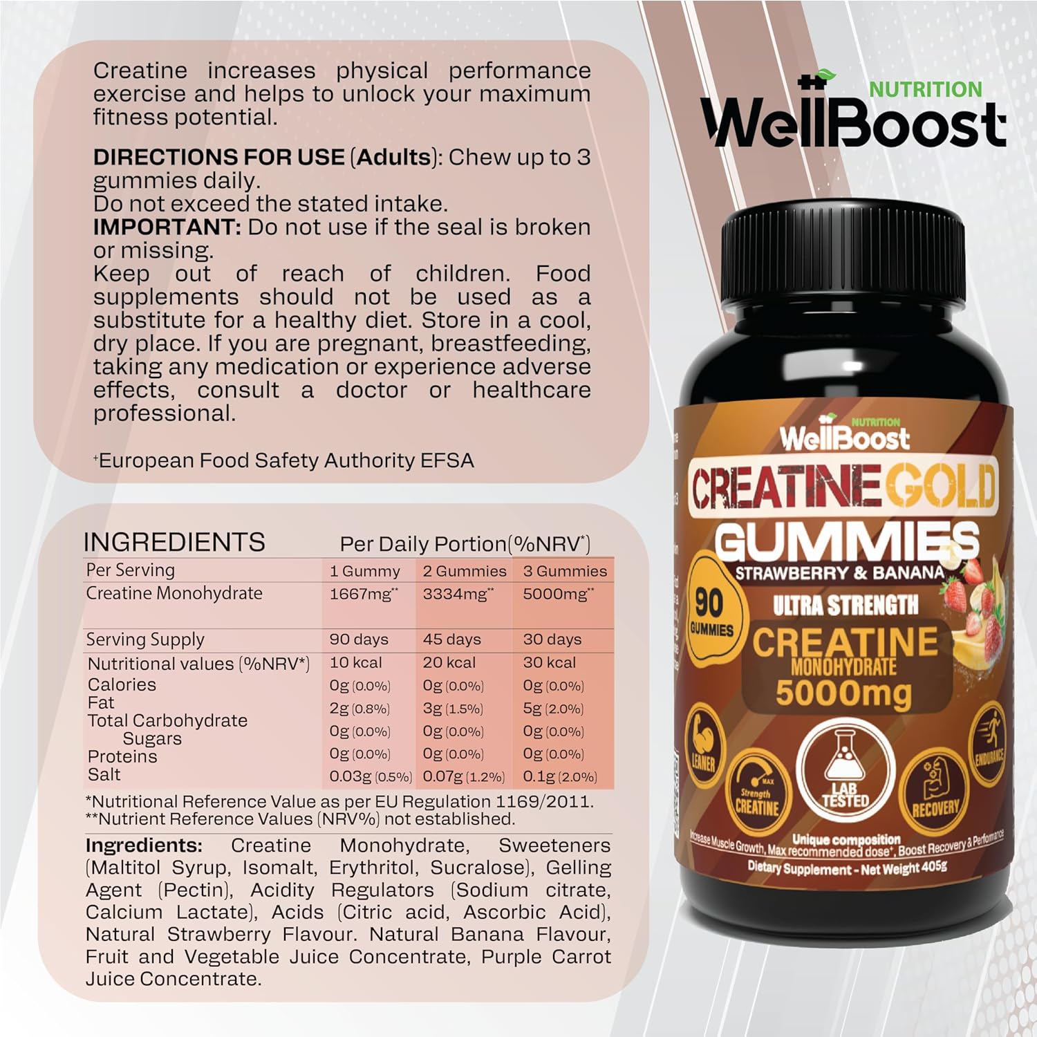 WellBoost Creatine Gold – 5000mg Creatine Monohydrate, Vegan, Sugar-Free Gummies for Lean Muscle Growth, Endurance, Recovery & Energy (1 Month Supply) in Starwberry and Banana Flavour.