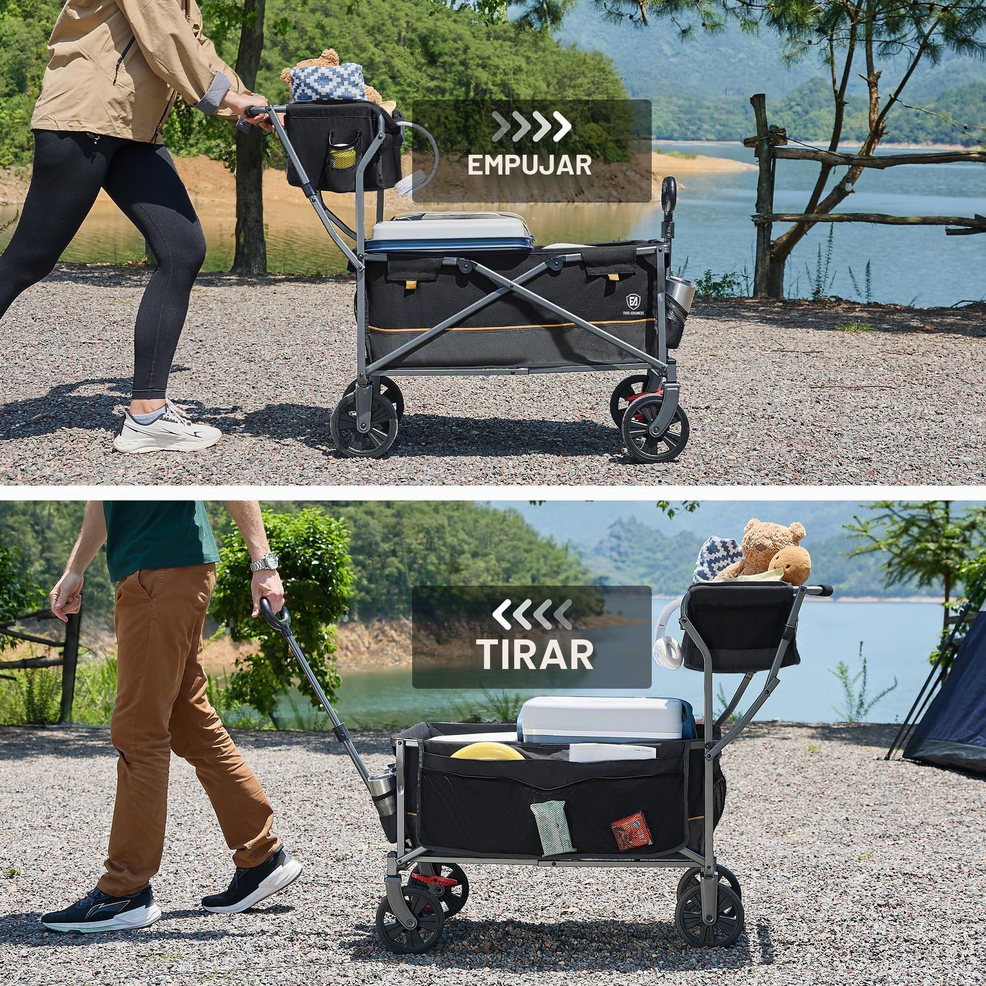 EVER ADVANCED Carro de Transporte Plegable Empujar&Tirar con Freno, Cesta de Compra, portavasos, Bolsillo Lateral, Carrito Plegable, Carro Playa hasta 100kg para Camping, Playa, Compras