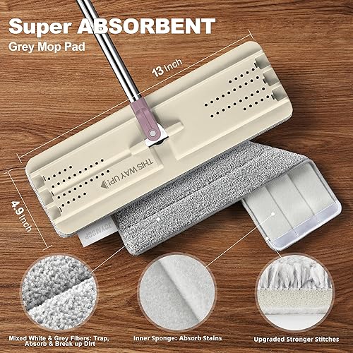 Miniatura 2 de JOYMOOP Trapeador plano, trapeadores de microfibra para limpieza de pisos y limpiador de paredes, trapeadores de 50 pulgadas con cabeza plana de 13