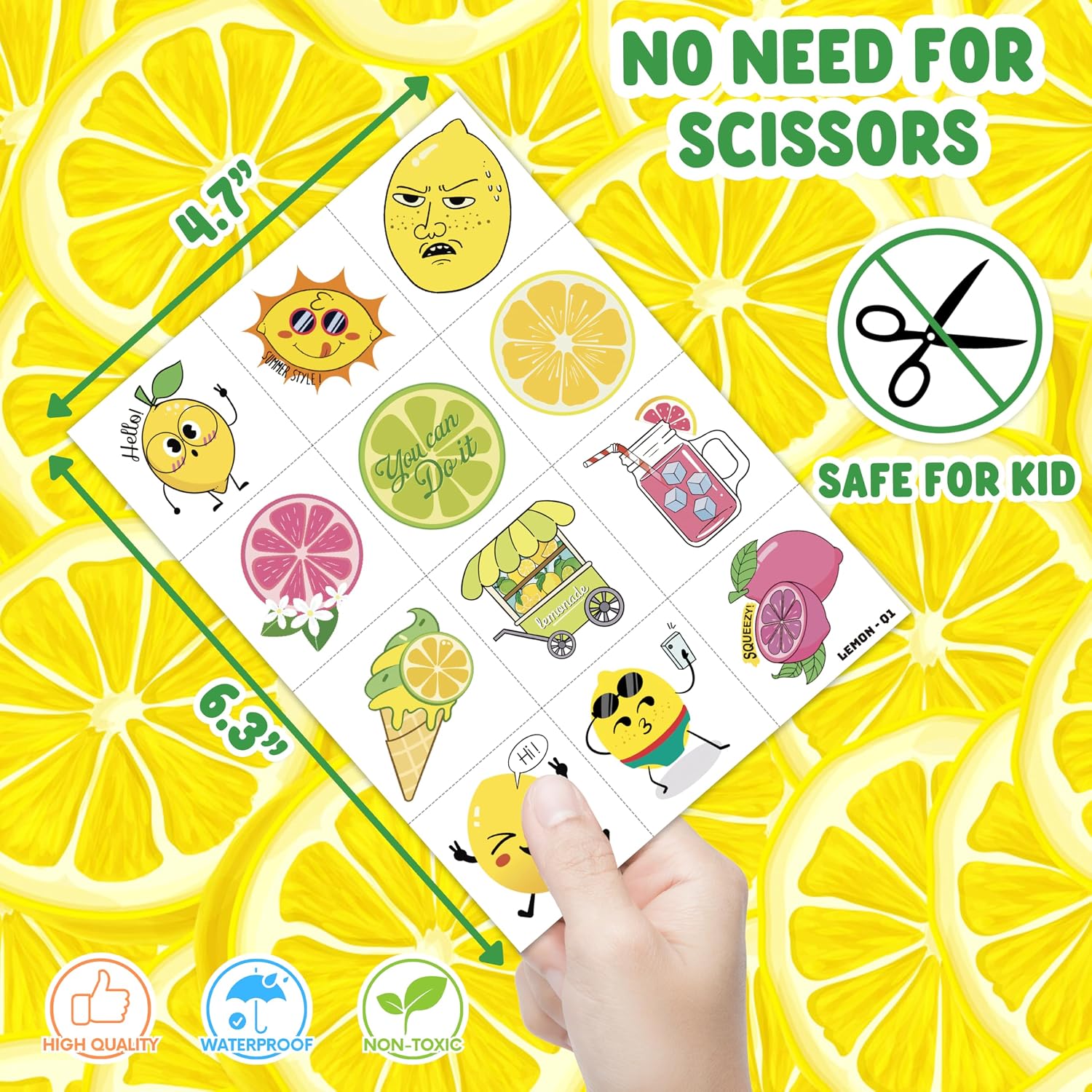 96 PCS Lemon Pre-Cut Temporary Tattoos for Kids | | Lemonade Themed Birthday Party Favors, Supplies, Decorations, Fake Tattoo Stickers, School Rewards Gifts Boys & Girls