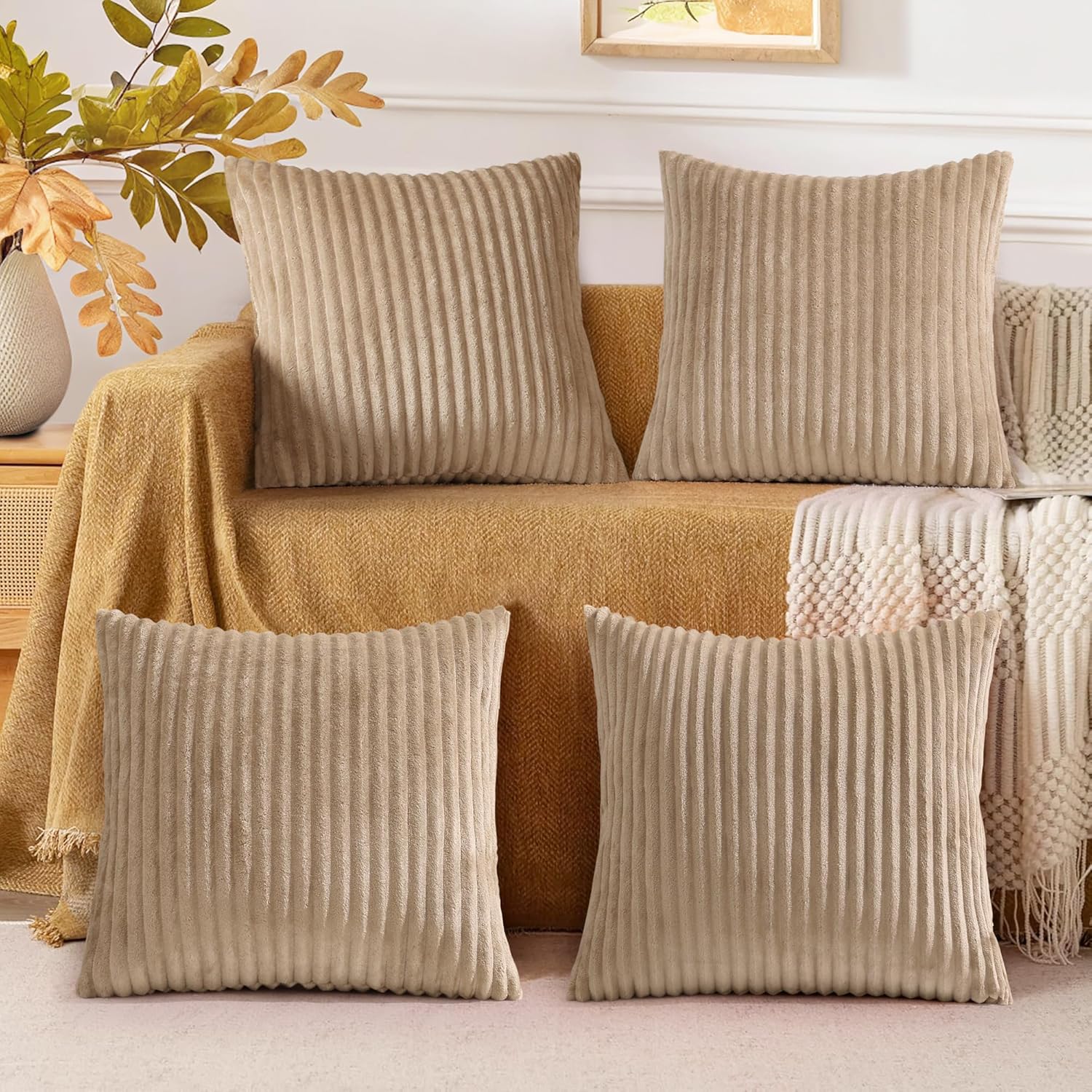 decorUhome Set of 4 Neutral Light Brown Throw Pillow Covers 18x18 Inch, Decorative Soft Plush Flannel Double-Sided Fluffy Couch Spring Pillow Covers, Farmhouse Cushion Covers for Sofa Living Room - Image 8