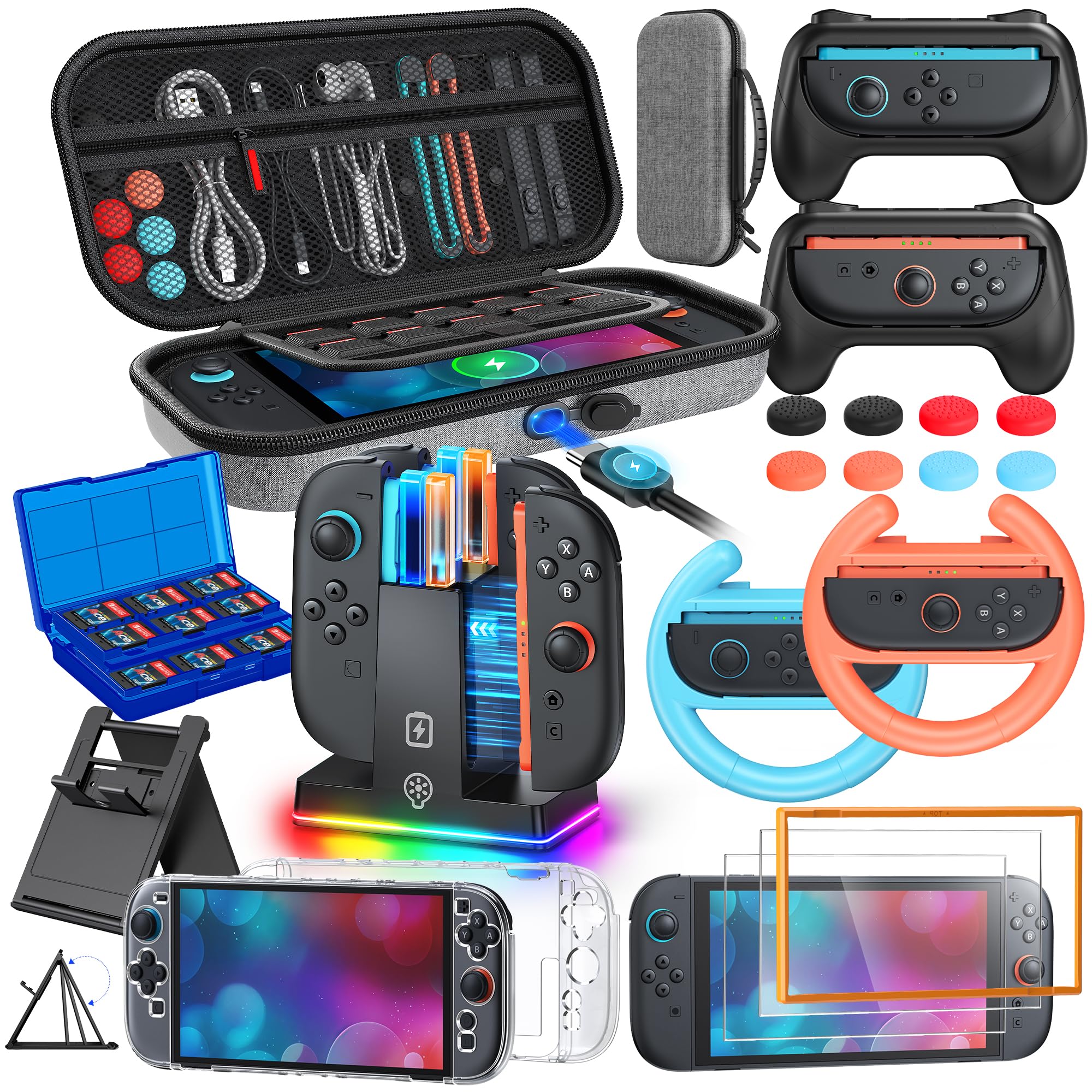 WAXITY Tasche Zubehör Bundle für Nintendo Switch 2, 23-in-1 [Aufladen im Inneren] Reisetasche Tragetasche Set für Switch 2 mit Case, Ladestation, Schutzhülle, Griffe für Joycon