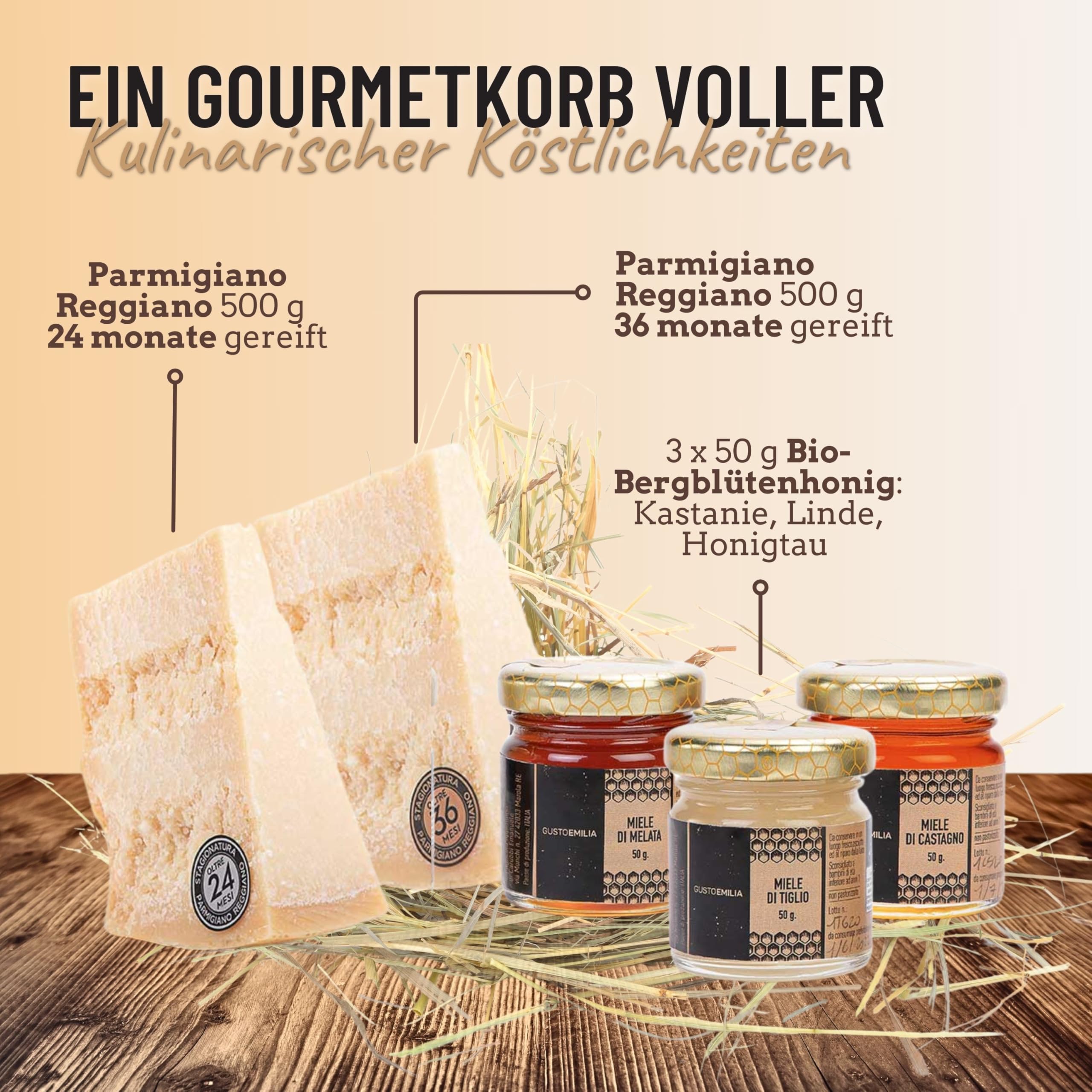 GUSTOEMILIA Gourmetkorb Käse & Honig - Reifer Parmigiano Reggiano (2 x 500 g) & Honig (3 x 50 g), Kastanien-, Linden- und Honigtauhonig - Italienischer Spezialitäten Geschenkkorb für alle Anlässe