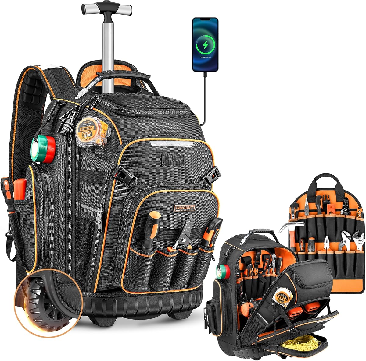 Tool Backpack Bag With Wheel, Heavy Duty Rolling Tool Backpack Hvac On Wheel Tool Bag For Men, For Electrician Construction Work Jobsite, Large Tool Organizer Men With Molded Base & Combination Lock