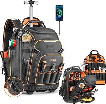Tool Backpack Bag With Wheel, Heavy Duty Rolling Tool Backpack Hvac On Wheel Tool Bag For Men, For Electrician Construction Work Jobsite, Large Tool Organizer Men With Molded Base & Combination Lock
