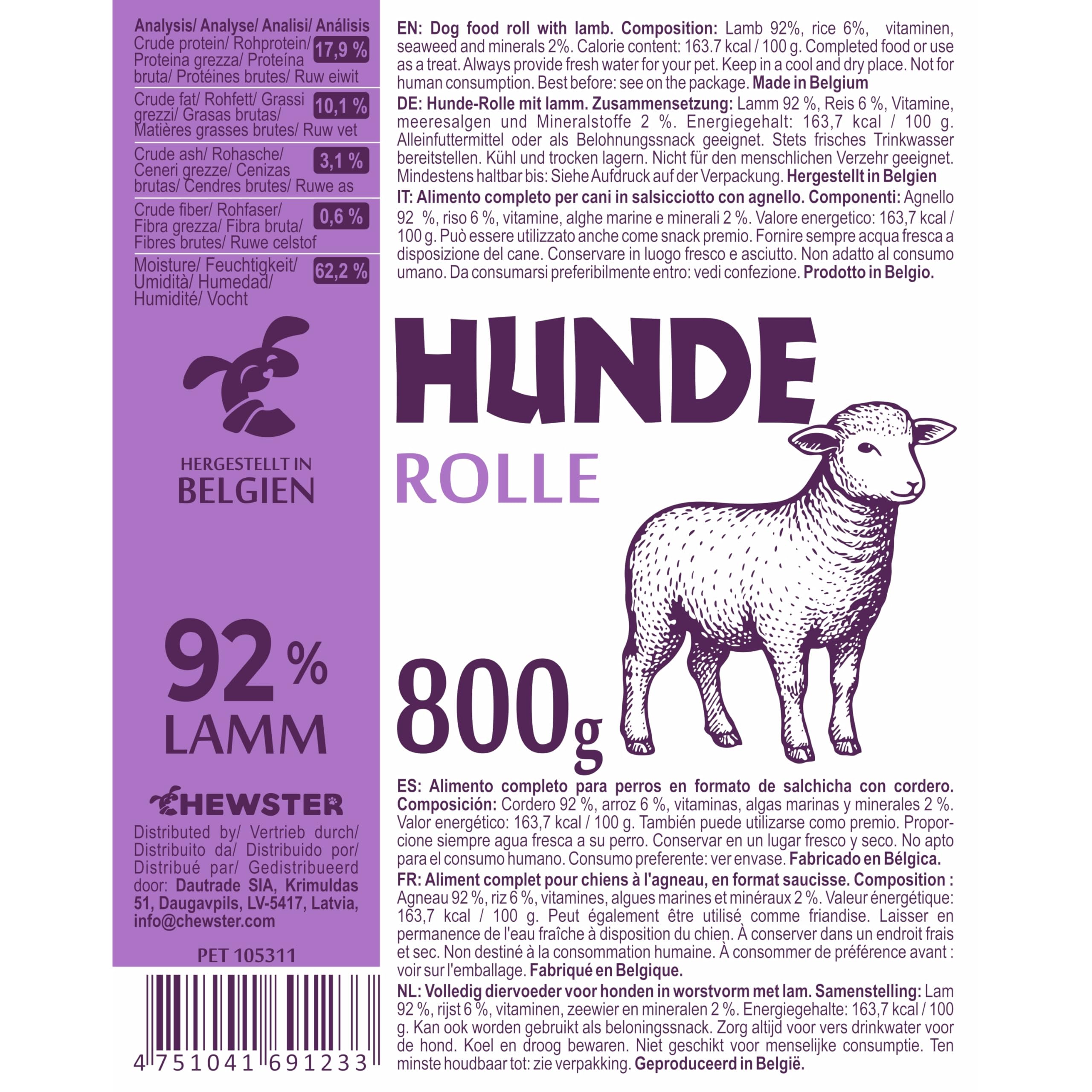 Mix Hundewurst schnittfest – 1 x Huhn, 1 x Ente, 1 x Lamm, 1 x Rind – Hunde-Rolle 4 x 800g (3,2kg) – getreidefreies Hundefutter mit hohem Fleischanteil – Nassfutter