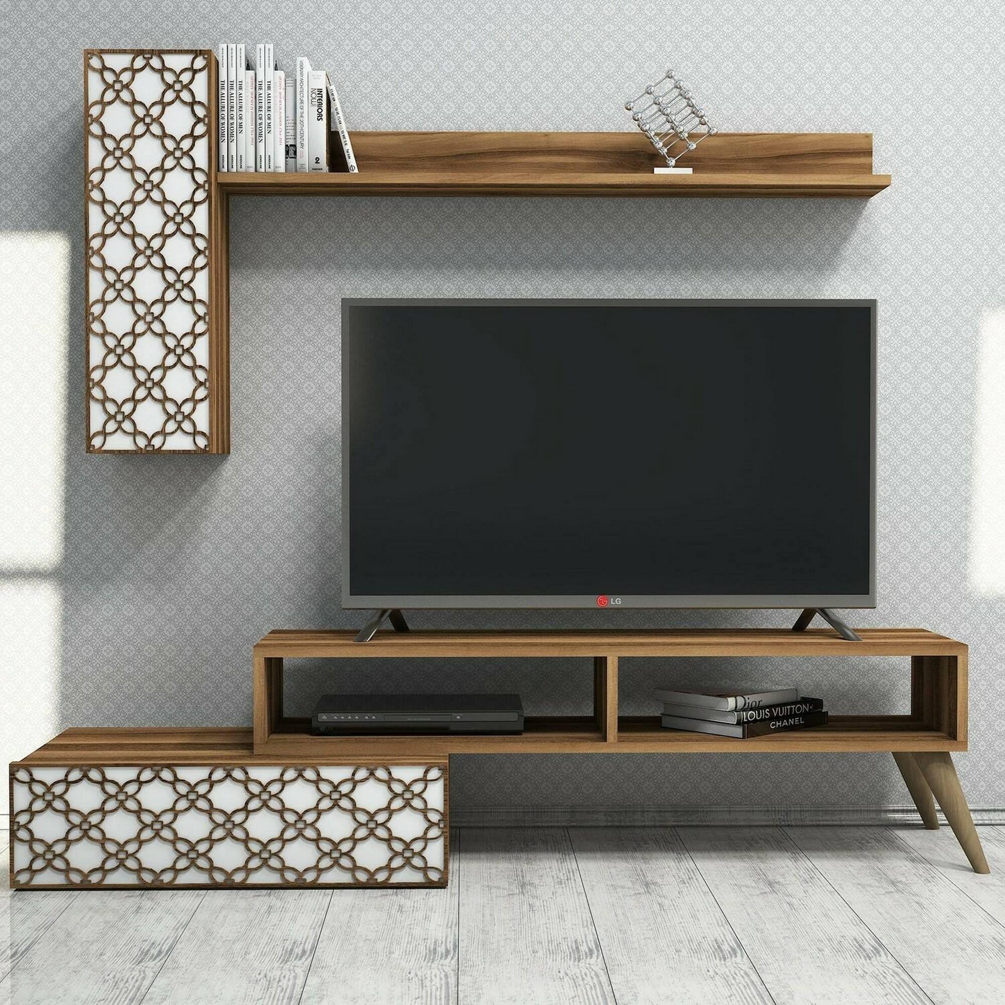 Dmora Mur équipé Sterope, Composition Salon, Meuble Salon Polyvalent, Armoire TV 150 x 37 x 38 cm, Noyer et Blanc