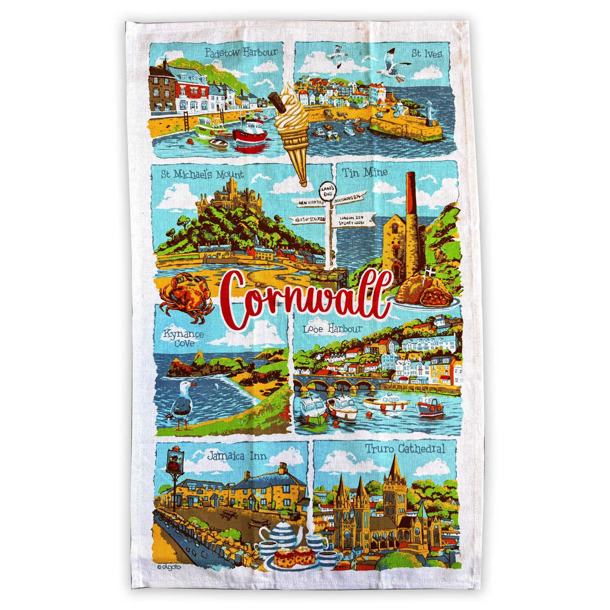 Elgate Multi Cornwall Landmarks Tea Towel – 100% Cotton Illustrated Coastal Souvenir Gift & Home Decoration Kitchen Towel