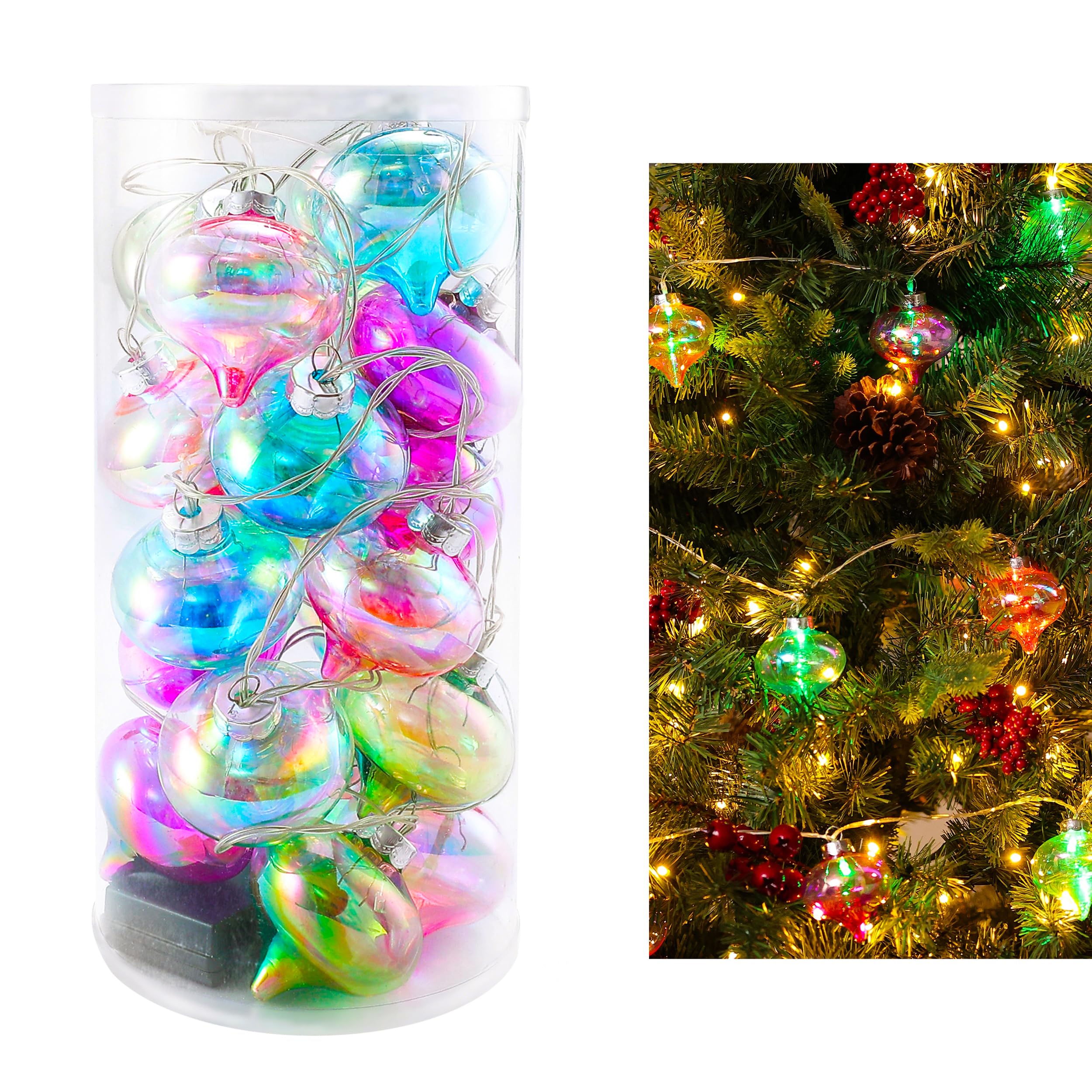 amooca christmas balls ornaments hanging garland decorations with led lights 20pc 12.2ft for window wall stair railing xmas tree holiday party home decor colorful rainbow water-drop balls