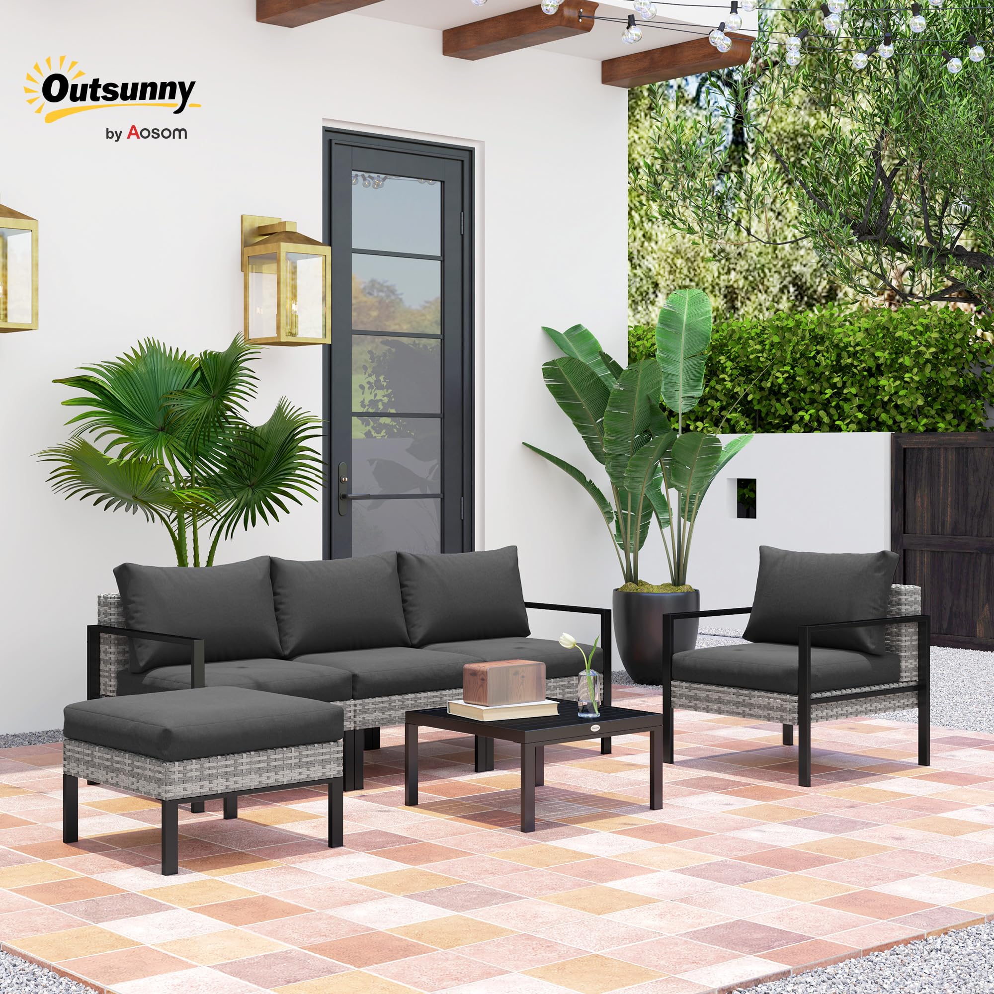 Outsunny Salon de Jardin Extérieur 5 Personnes Charge 120 kg Gris Clair | Salon de Balcon en Résine Tressée, Fauteuils, Pouf, Table Basse, Coussins Déhoussables Inclus